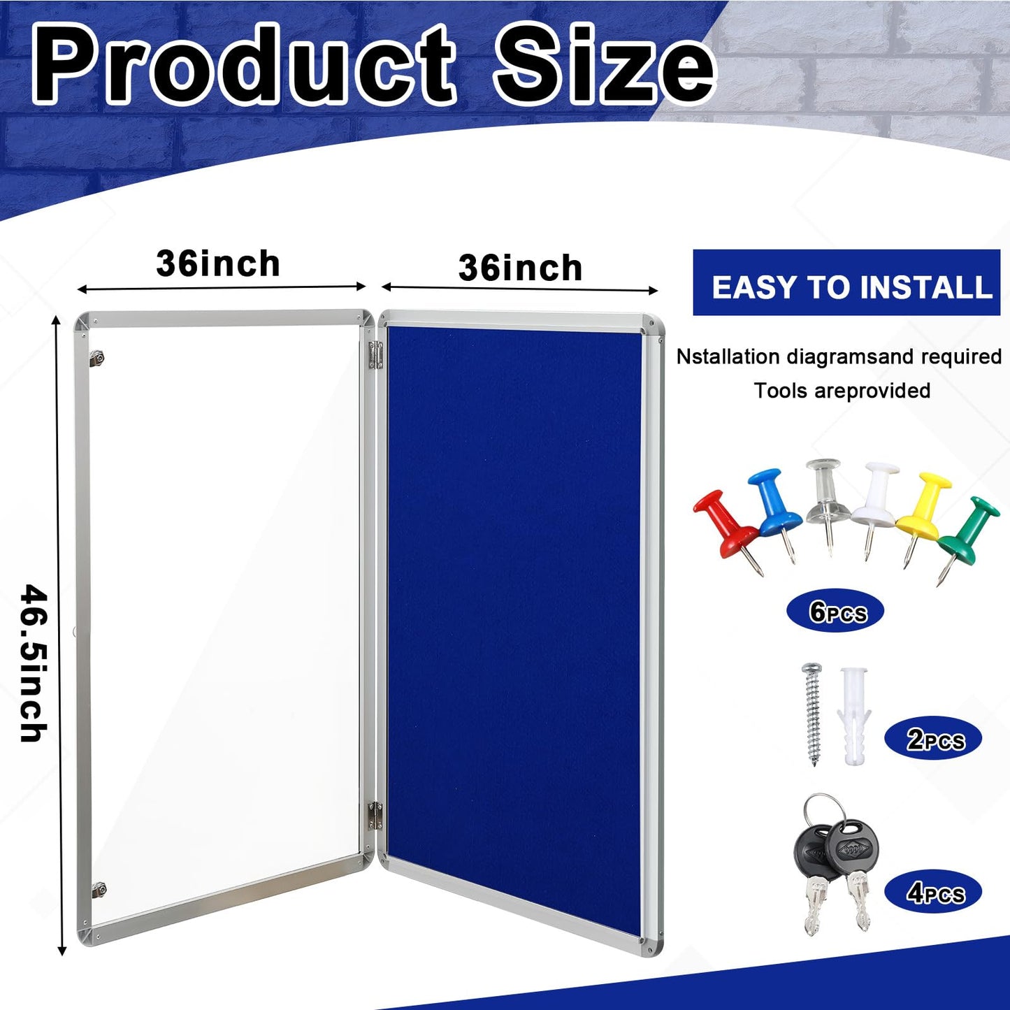 Maasechs Blue Enclosed Bulletin Boards 36 x 46.5 Inch Lockable Noticeboard Displays Cork Boards Wall with Locking Door, Outdoor Bulletin Board Windproof Ideal for School Office Notices