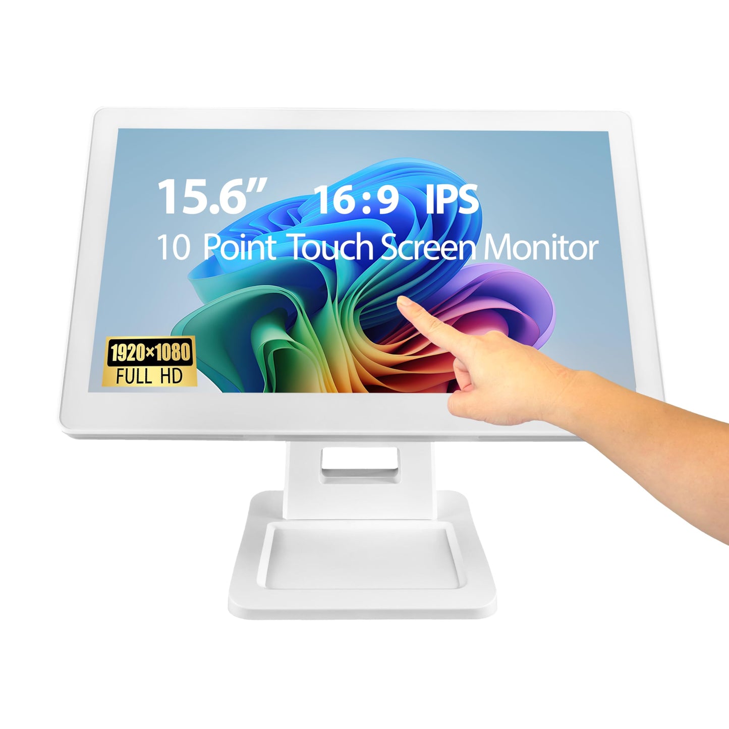 ANGEL POS 15.6 Inch 1920 x 1080 FHD IPS Touchscreen POS Monitor with Metal Stand, 10 Points Touch HDMI VGA, Waterproof Dustproof Screen 1080P, Indusitrial, Office, Retail, Gym, Warehouse (White)