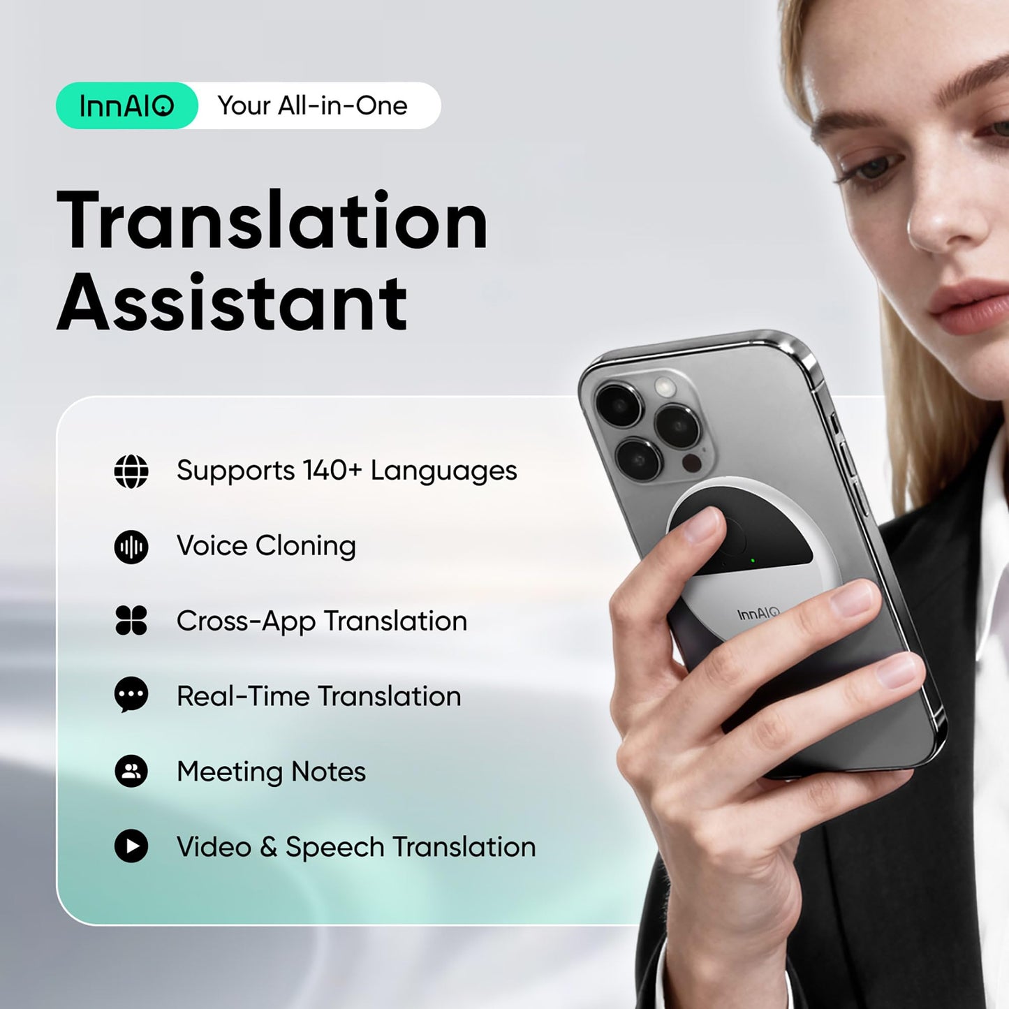 InnAIO T10 AI Language Translator Device, Real-Time Two-Way Voice Translator with GPT Accuracy & Voice Cloning, Pocket Spanish to English Translator for Travel, Business & Video Calls (140+ Languages)
