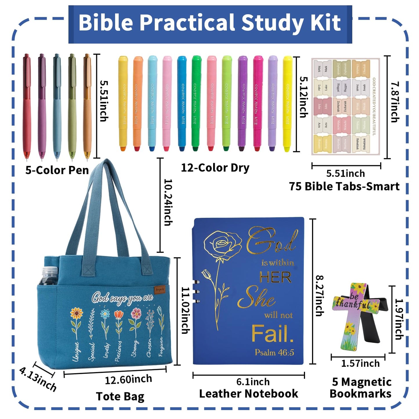 25 PCS Bible Study Supplies Kit, Large Capacity Canvas Tote Bag for Women Organizer, Bible Highlighters and Quick Dry Pens No Bleed Through, Notebook Bible Tabs Cross Bookmark Journaling Accessories