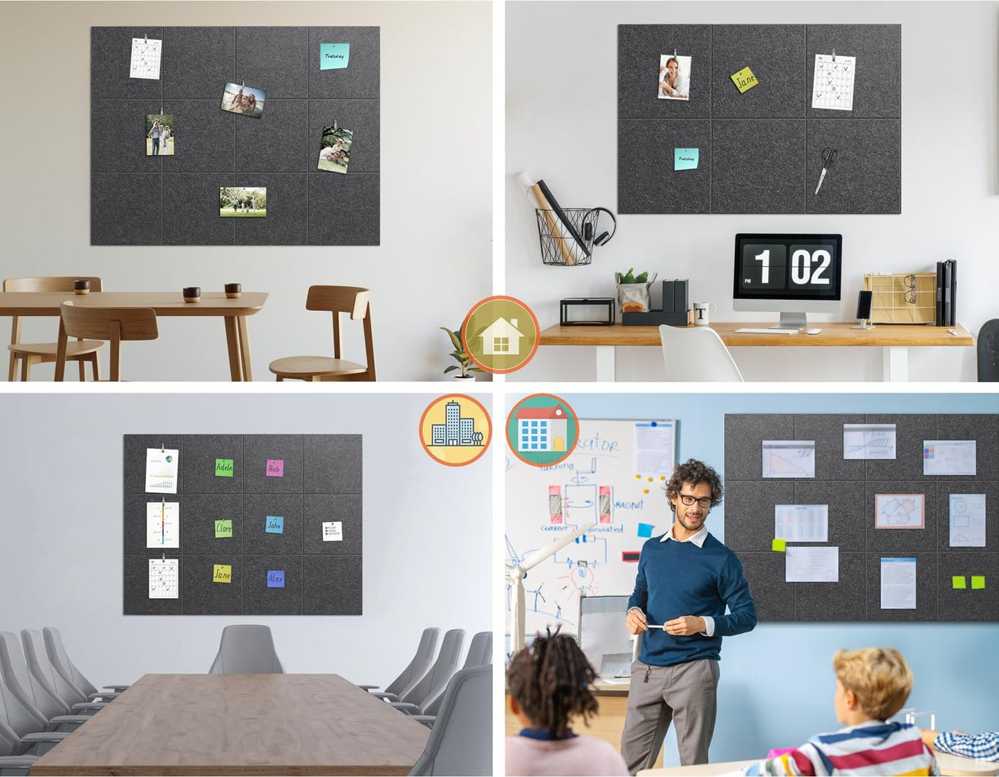 G Gamit Felt Wall Tiles Bulletin Board Large Cork Board Alternative 6 Pack 11.81”x11.81”x0.47” Felt Pin Board Tack Board with Safe Removable Adhesive Tabs for Home Office School 36x24 (Charcoal Grey)