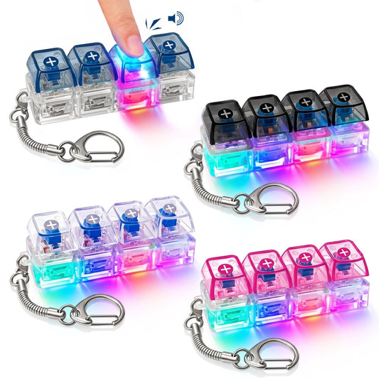 4PCS Light Up Keyboard Fidget Toy, 4-Key LED Keyboard Fidget Clicker Keychain with RGB Lights, Portable Mechanical-Style Sensory Desk Toy for Adults and Teens