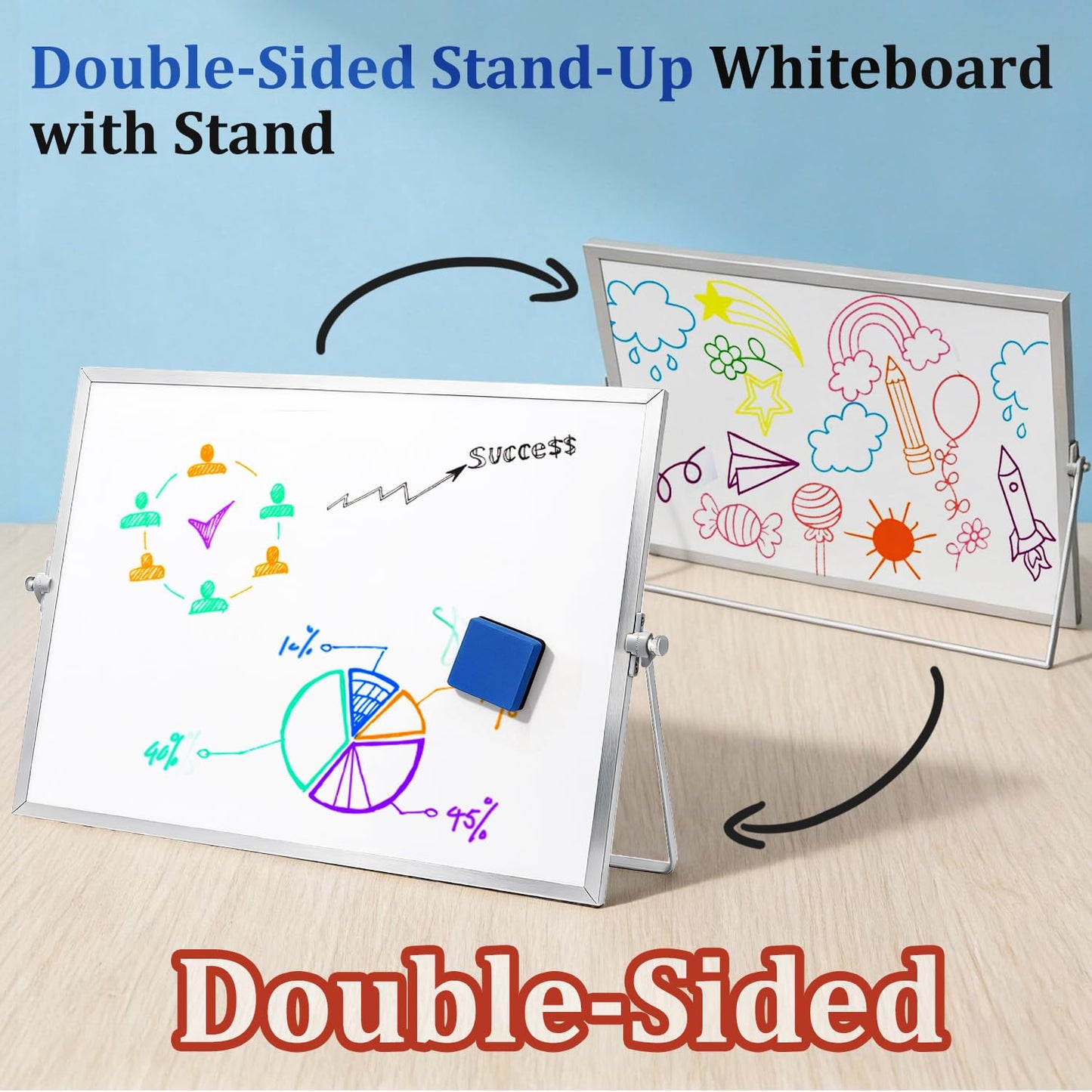 Teridokor Dry Erase Magnetic Whiteboard Double-Sided 16"x12" - Portable Desktop Whiteboard with Stand for Memo to Do List Office Home Drawing (10 Markers, 4 Magnets, 1 Eraser, 1 Ruler)