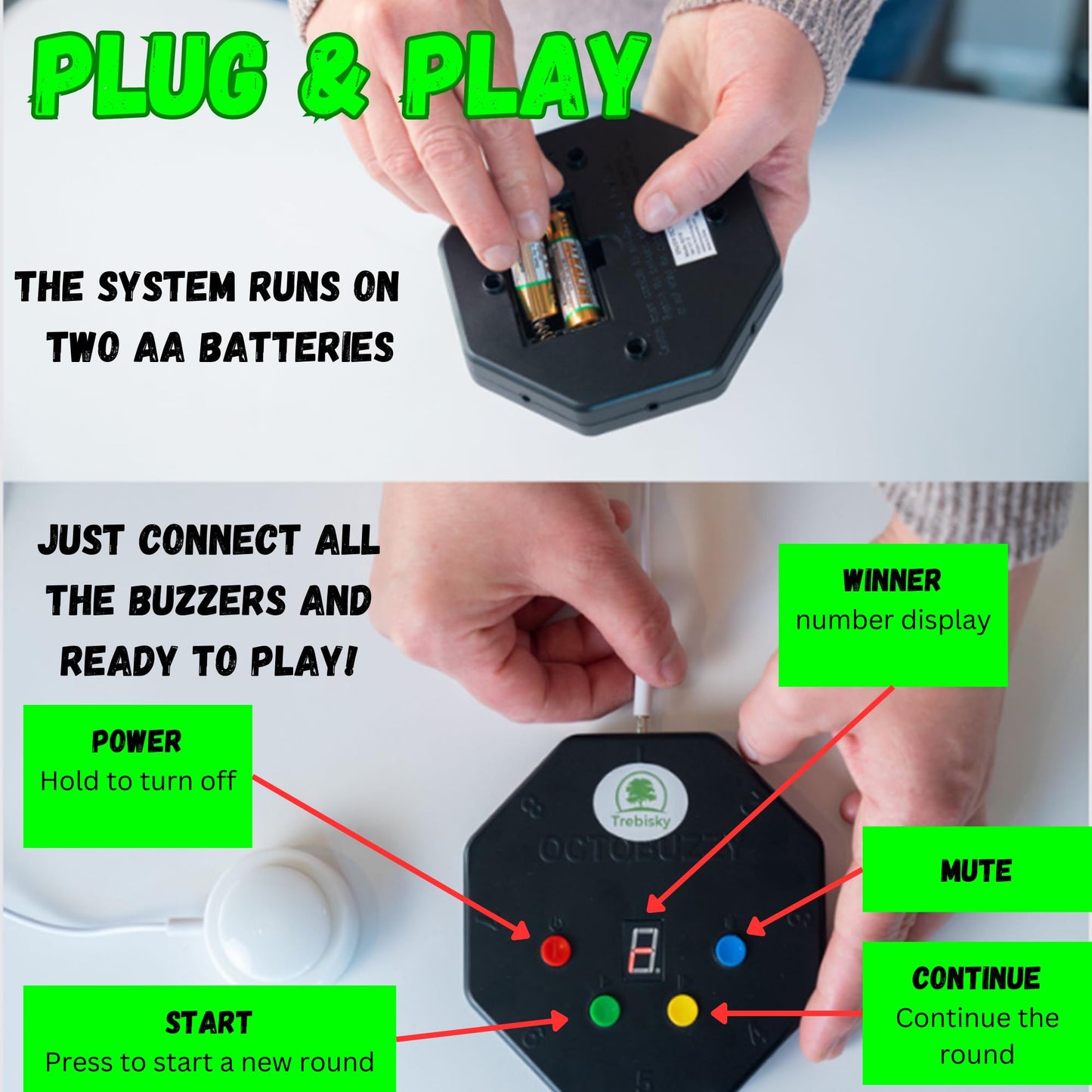 Trebisky Buzzer for Game Show, Educational and Classroom Quiz, Family Games Night, Jeopardy Trivia, Set of 8 LED Light Answer Buzzers, System w/ 3ft Cables(System 2nd Gen)