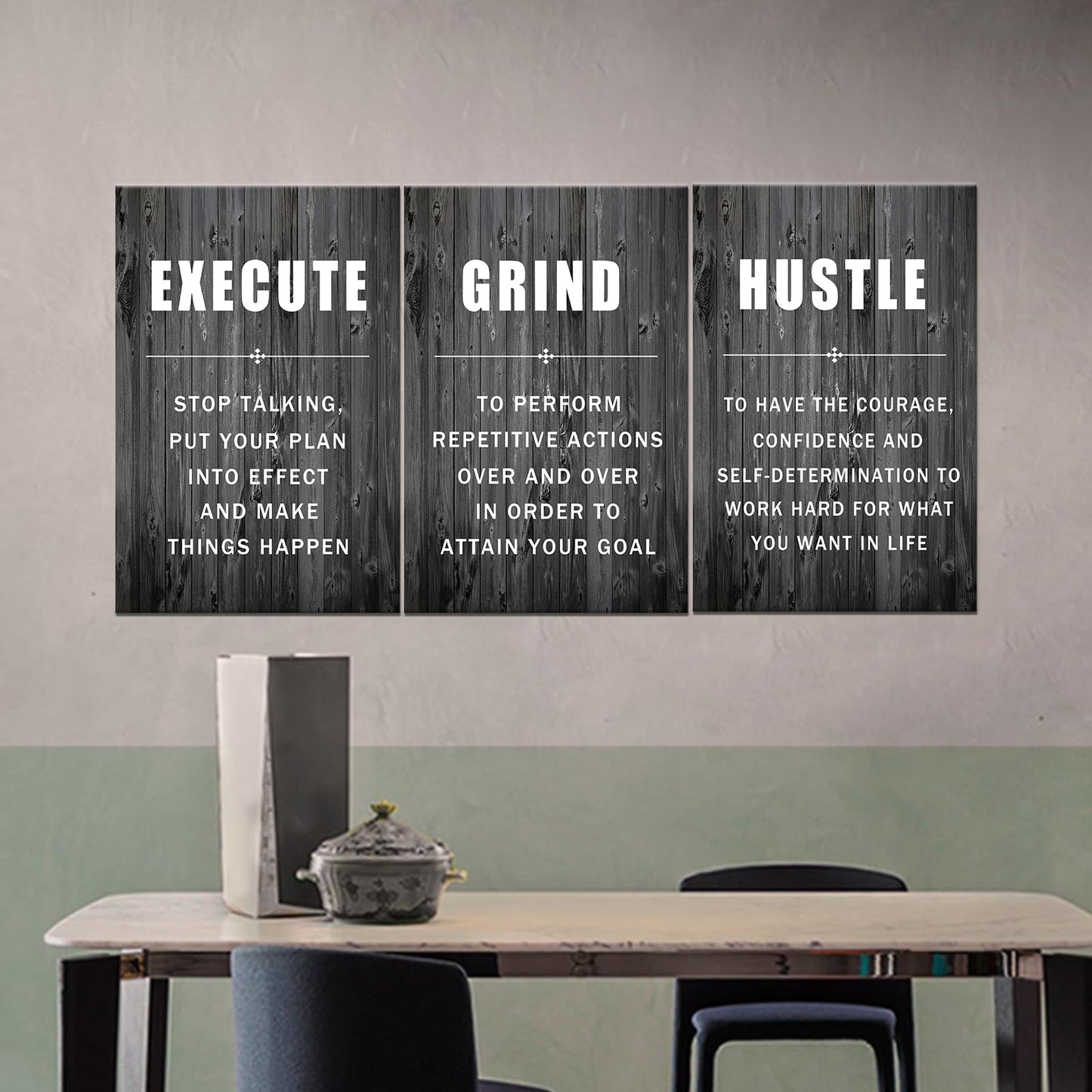 Motivational Wall Art Execute Grind Hustle Inspirational Poster 3 Pieces Canvas Prints Artwork for Living Room Modern Home Decor Painting Pictures Stretched and Framed Ready to Hang [48''Wx 24''H]