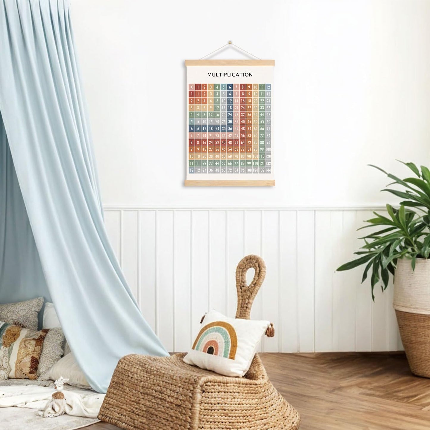 DNEULYR Multiplication Table Classroom Wall Art Poster, Educational Math Wall Decor, Boho Number Chart Poster Hanger Frame for Math Classroom Kids Room Nursery Playroom, 12x16 Inches