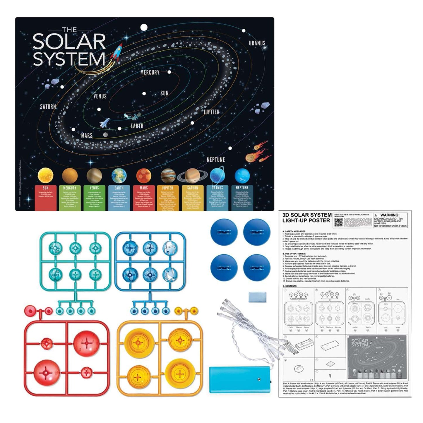 4M KidzLabs 3D Solar System Light-Up Poster for Kids Ages 5-12 – Glow in the Dark Space Science Fair Project Kit with Sun & 8 Planets, STEM Educational Toy, Battery Powered Illuminated Display Board