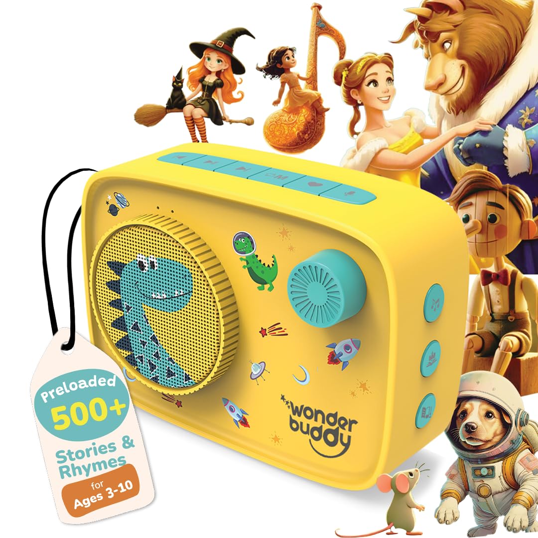 WonderBuddy Kids Story Box Audio Player, 500+ Preloaded Stories & Rhymes, Story Writing DIY Art Kit, Voice Recorder, Content Upgrade, Bluetooth, Birthday Gift for Boys Girls 3+ Years- Dino