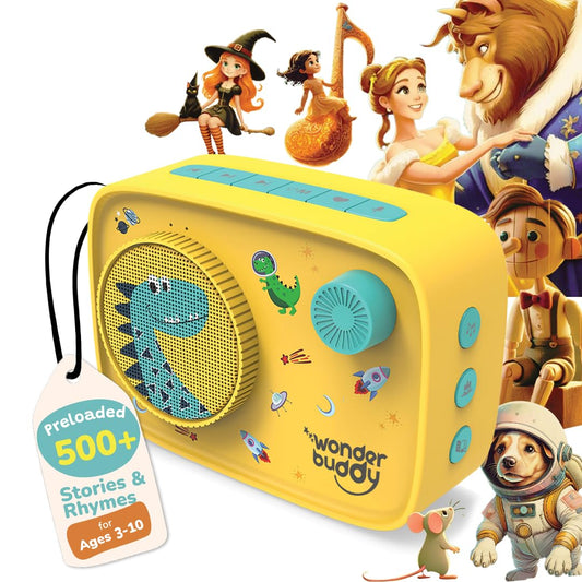 WonderBuddy Kids Story Box Audio Player, 500+ Preloaded Stories & Rhymes, Story Writing DIY Art Kit, Voice Recorder, Content Upgrade, Bluetooth, Birthday Gift for Boys Girls 3+ Years- Dino