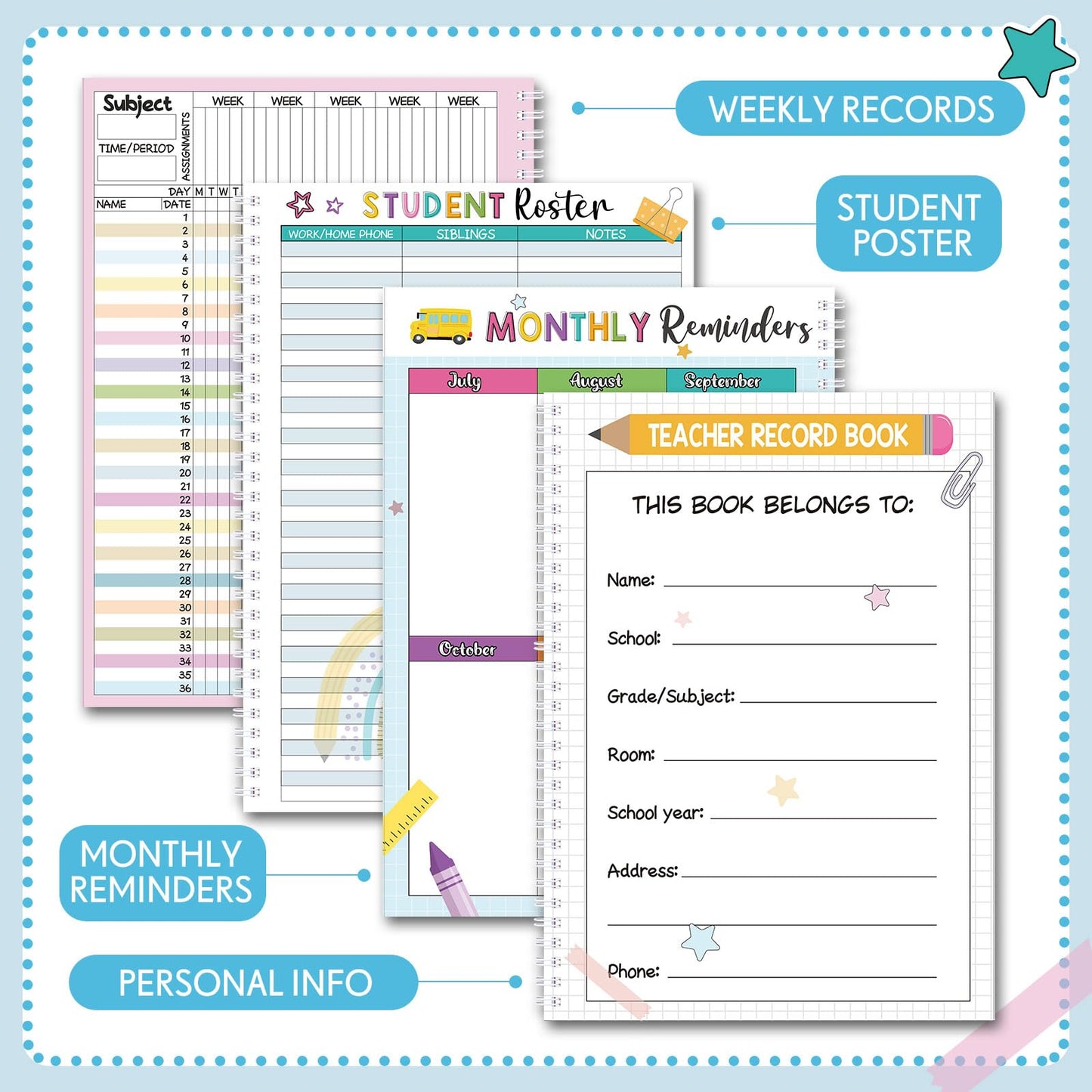 Fuyoooo Teacher Record Book Teacher Grade Books 2026-2027 Spiral Bound Record Planner 2026 Class Grade Book Office Favors for Classroom Attendance Decoration Double Sided(Black,Dots)