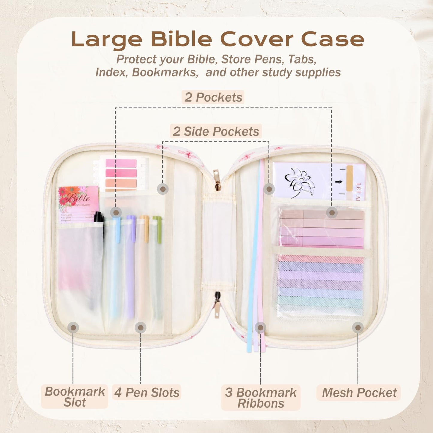 XKDOUS Bible Cover for Women Church Book Holder Quilted Carrying Case with Handle, Tabs, Study Supplies Portable Bible Bag Journaling Kit Christian Gifts for Mom Lady
