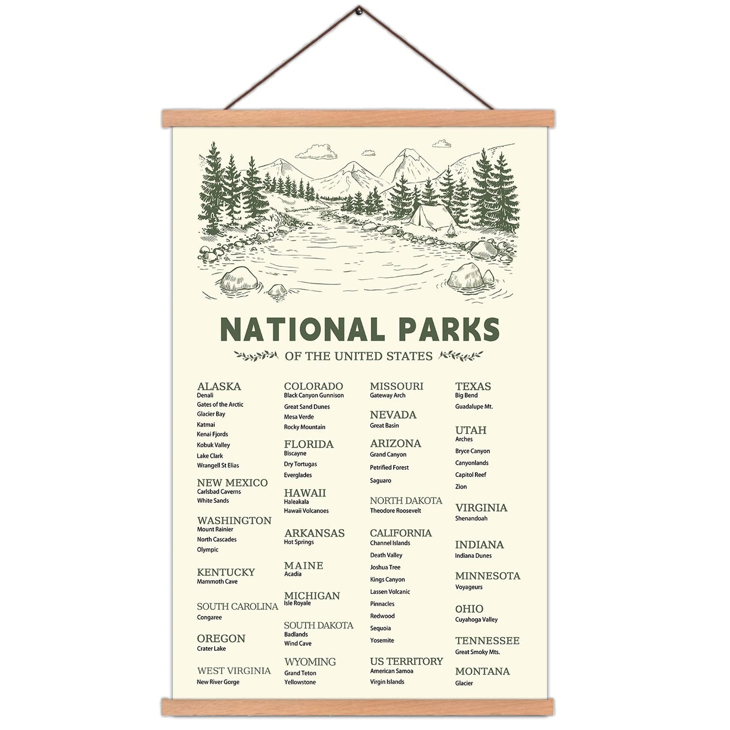 KAIRNE US National Park Checklist Poster,Park Posters for Travel Sign With Wooden Hanging Framed(40CMx75CM),Inspirational Rustic Decor,National Park Map Posters Gift for Hiker or National Park Lover