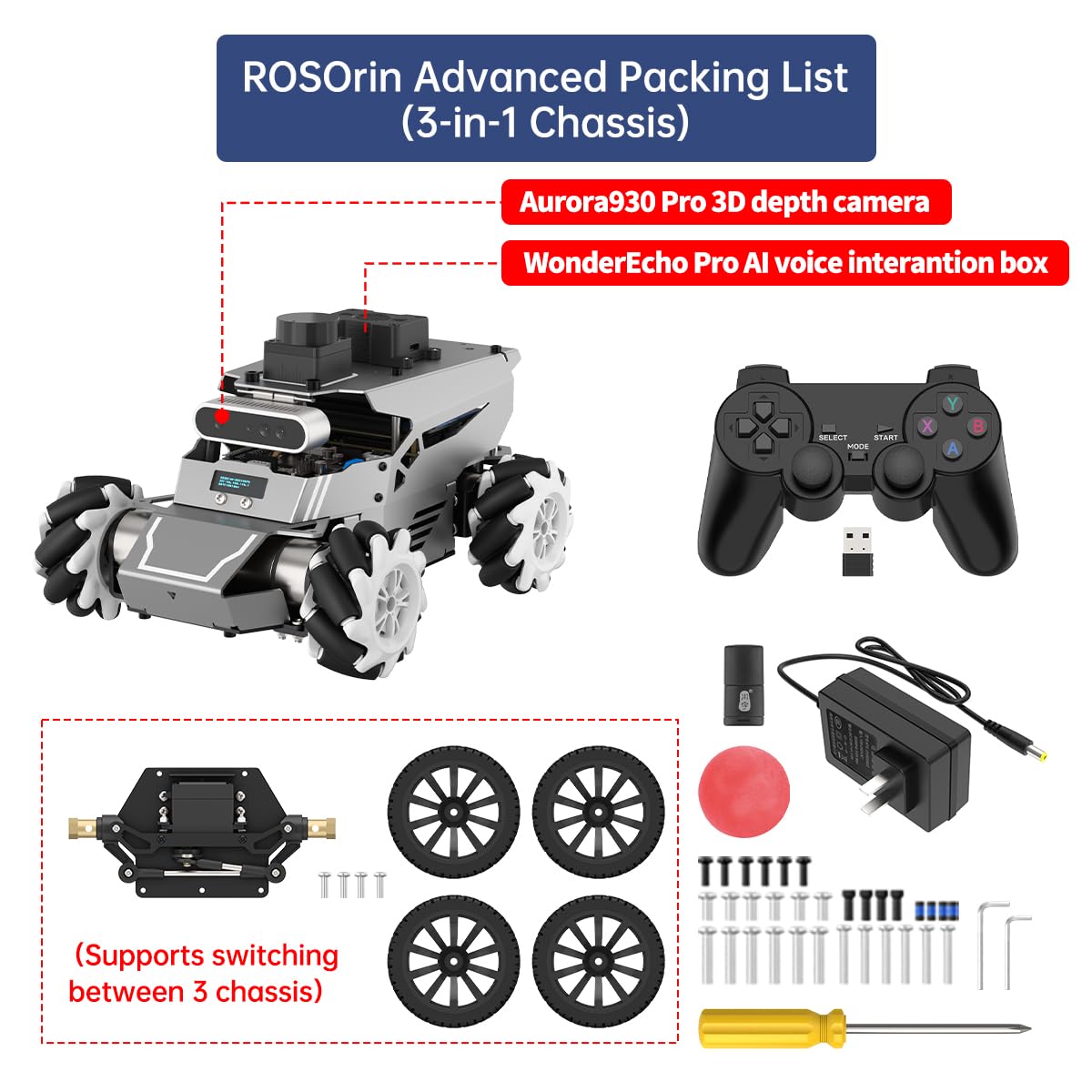 HIWONDER ROS2 Robot Car for Jetson RPi Gemini ChatGPT Large AI Models Depth Camera SLAM Mapping Autonomous Driving Programming Education 3-in-1 Chassis Car, ROSOrin Advanced Kit & NO Controller