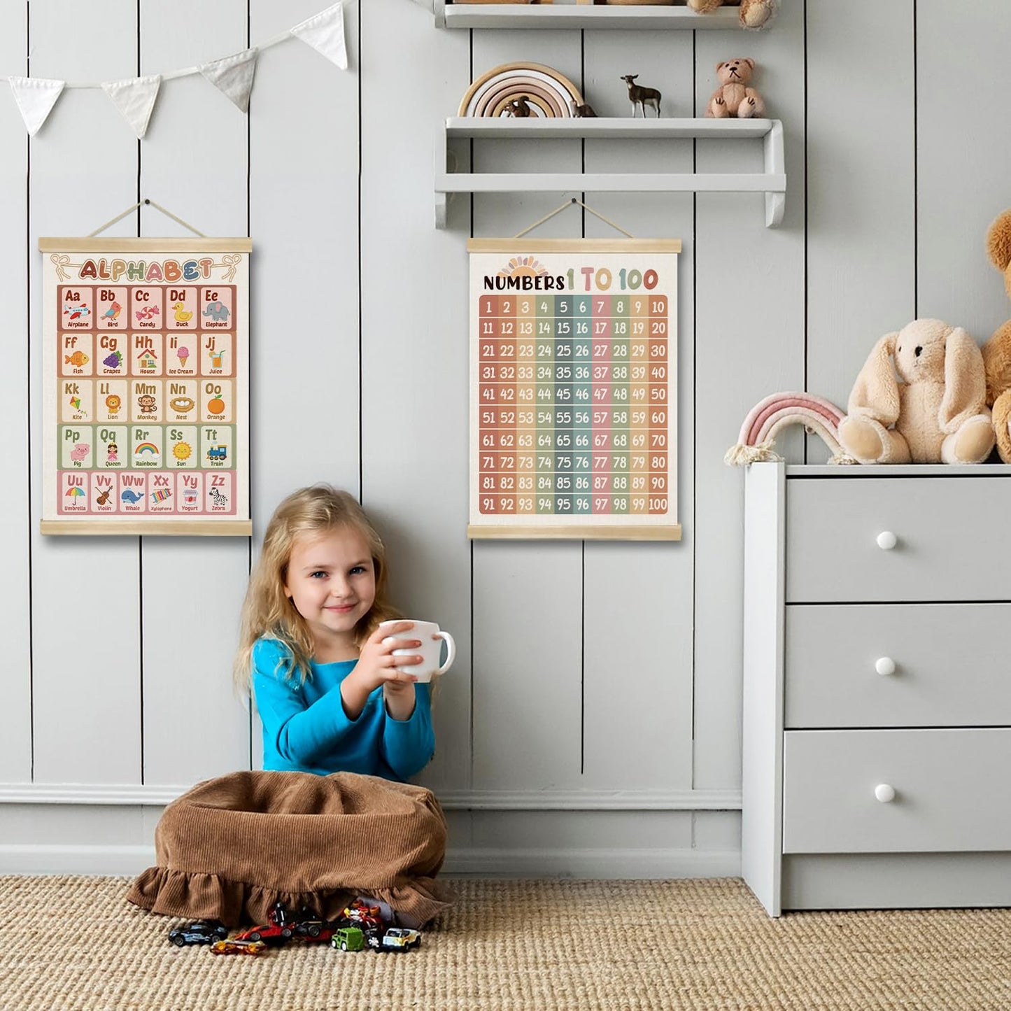 Numbers 1-100 Educational Wall Art Poster,Number Chart Wall Art Decor for 1-6 Toddlers,Boho Count to 100 Learning Posters for Nursery Playroom Preschool,Kids Room Decor,Classroom Must Haves 18.5x14In