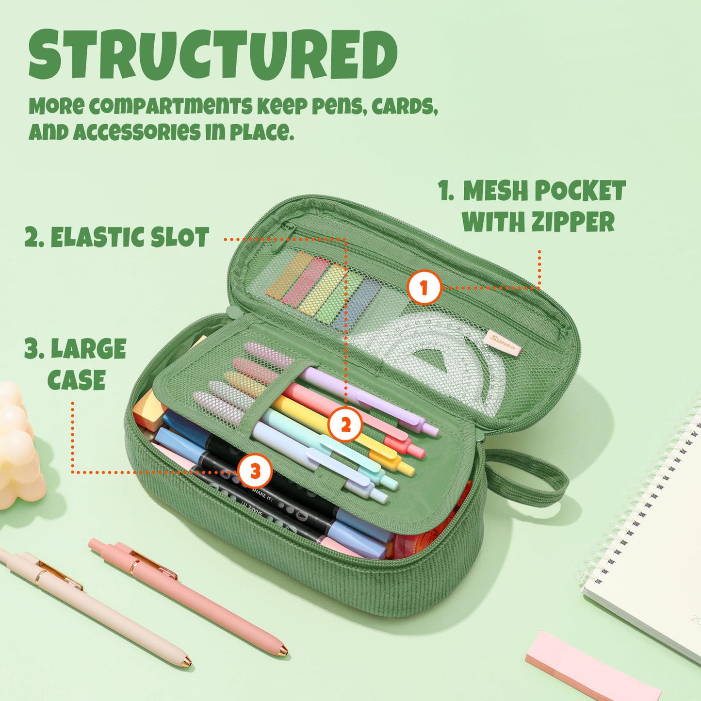 SUNEE Cute Pencil Case, Large Capacity Pencil Pouch, Soft Corduroy Pencil Bag, Big Storage Pen Organizer for Stationery, Aesthetic Zipper Pencil Box, Back to School Supplies for Teen Girls Boys, Green