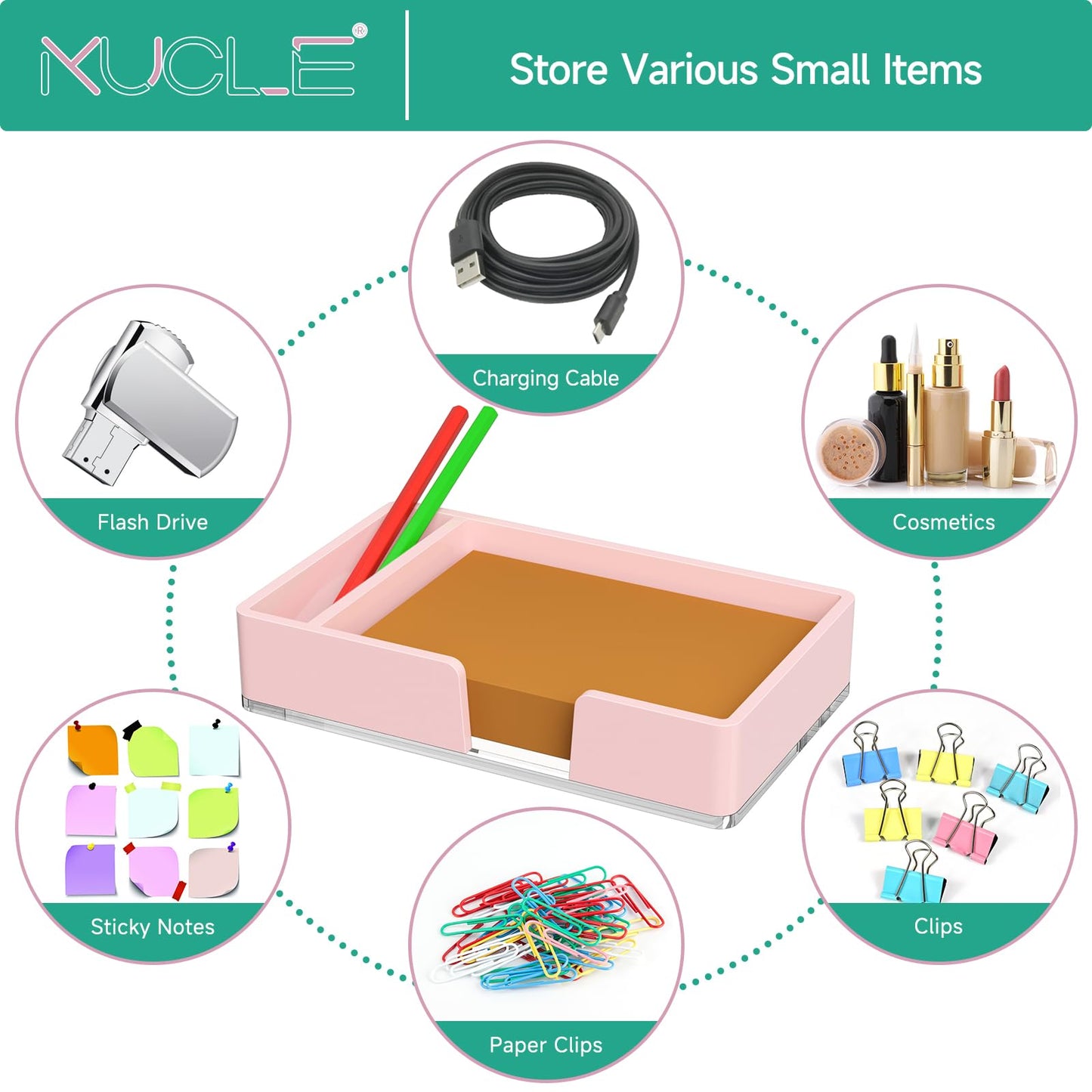 Kucle Sticky Note Holder with Pen Slot, Pink Acrylic Notepad Holder 4x6 in Self-Stick Note Dispenser Office Desk Accessories, Memo Pad Holder Organizer for Classroom School Supplies