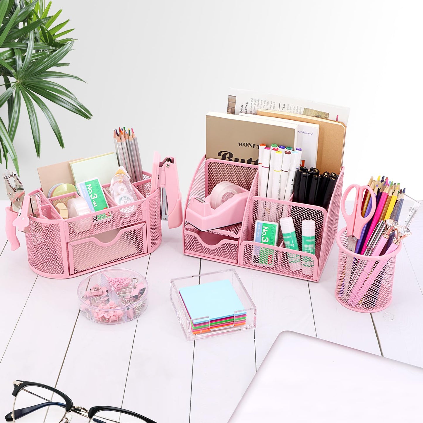 17 in 1 Pink Desk Organizers and Accessories Set, 3 Office Desk Supplies Storage Organization, 4 Pens, Stapler, Staples & Remover, Tape & Dispenser, Scissors, Ruler, Clips, Hole Punch, Back to School