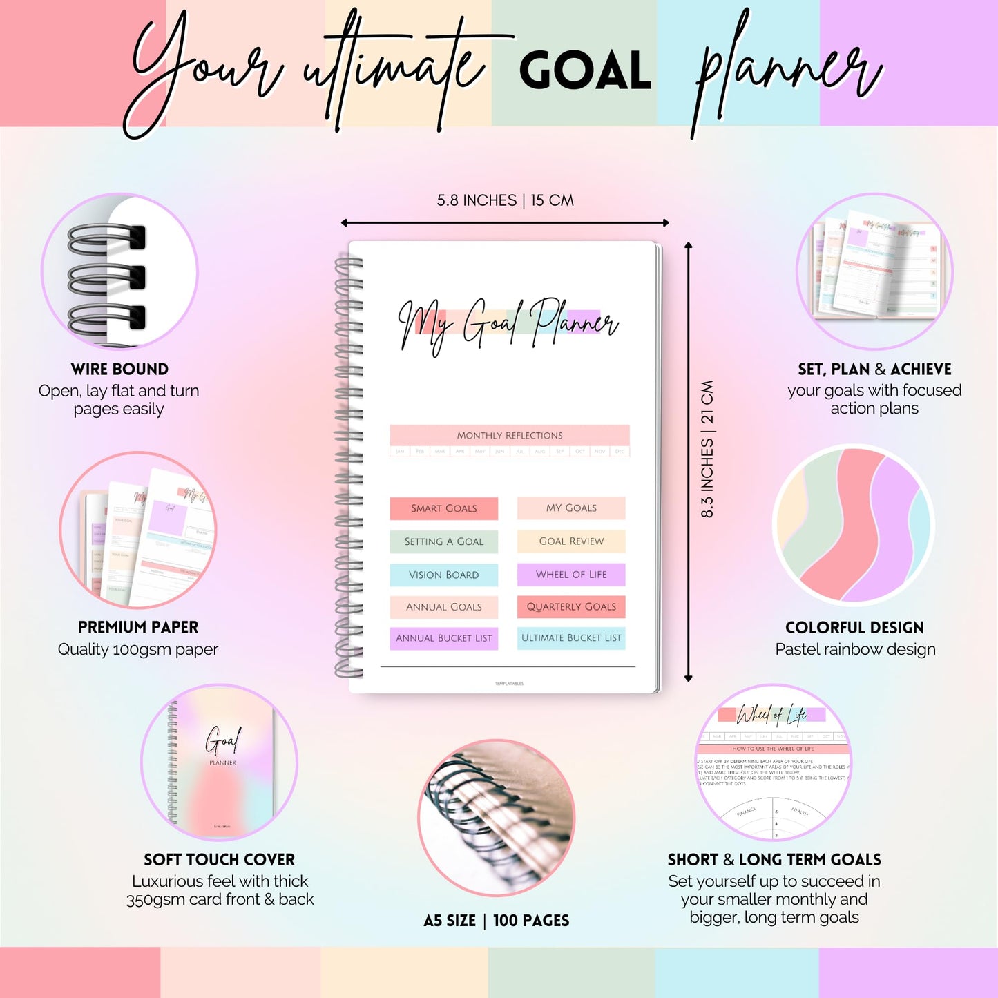 Goal Planner | SMART Goal Setting Kit for the New You, Monthly Habits, Reflections & Vision Boards | Pastel Rainbow A5