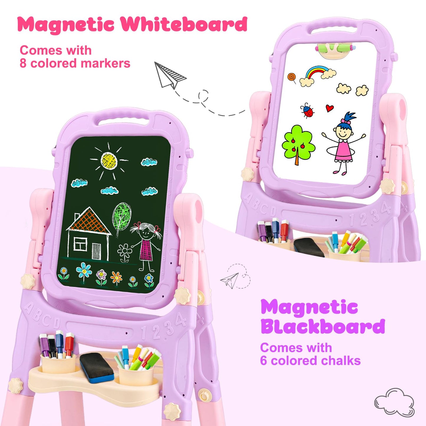 Kids Double Sided Art Easel for Toddlers Magnetic White Board Chalk Board with Painting Accessories Adjustable Stand Drawing Educational Learning Toys - Age 3 4 5 Year Old Girl Birthday Gifts Pink