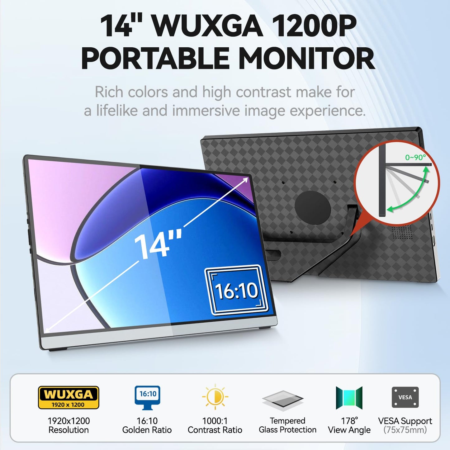 Intehill 14" Portable Monitor, 1200P Self-Standing Portable Screen with Full Laminated Tempered Glass, 16:10 USB-C HDMI External Display with Speakers, Travel Monitor Second Screen for Laptop, F14ZA