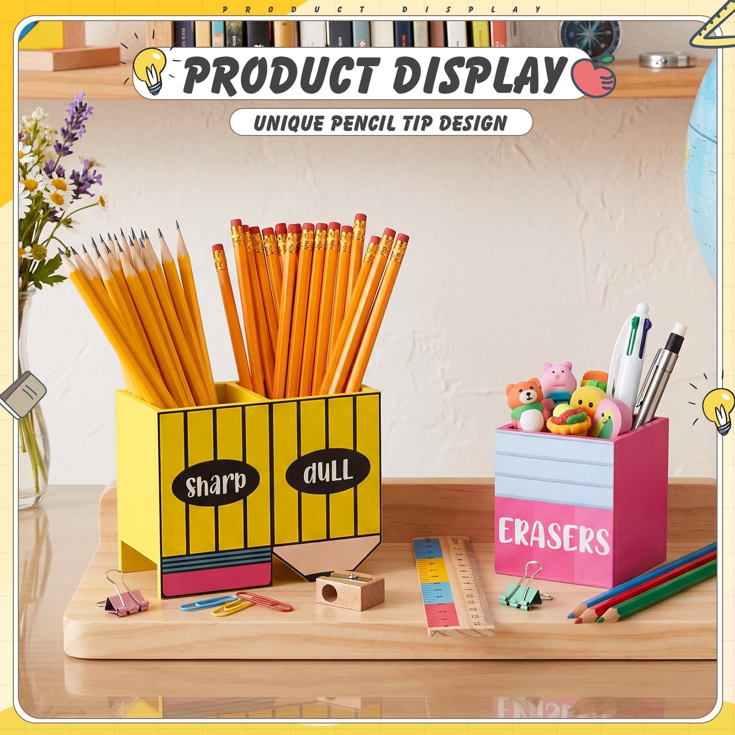 Eaasty Pencil Shaped and Sharp Dull Holder Eraser Wooden Dispenser Pencil Storage 3 Compartments for Back to School Teachers Classroom Organization(2 Pack,Simple)