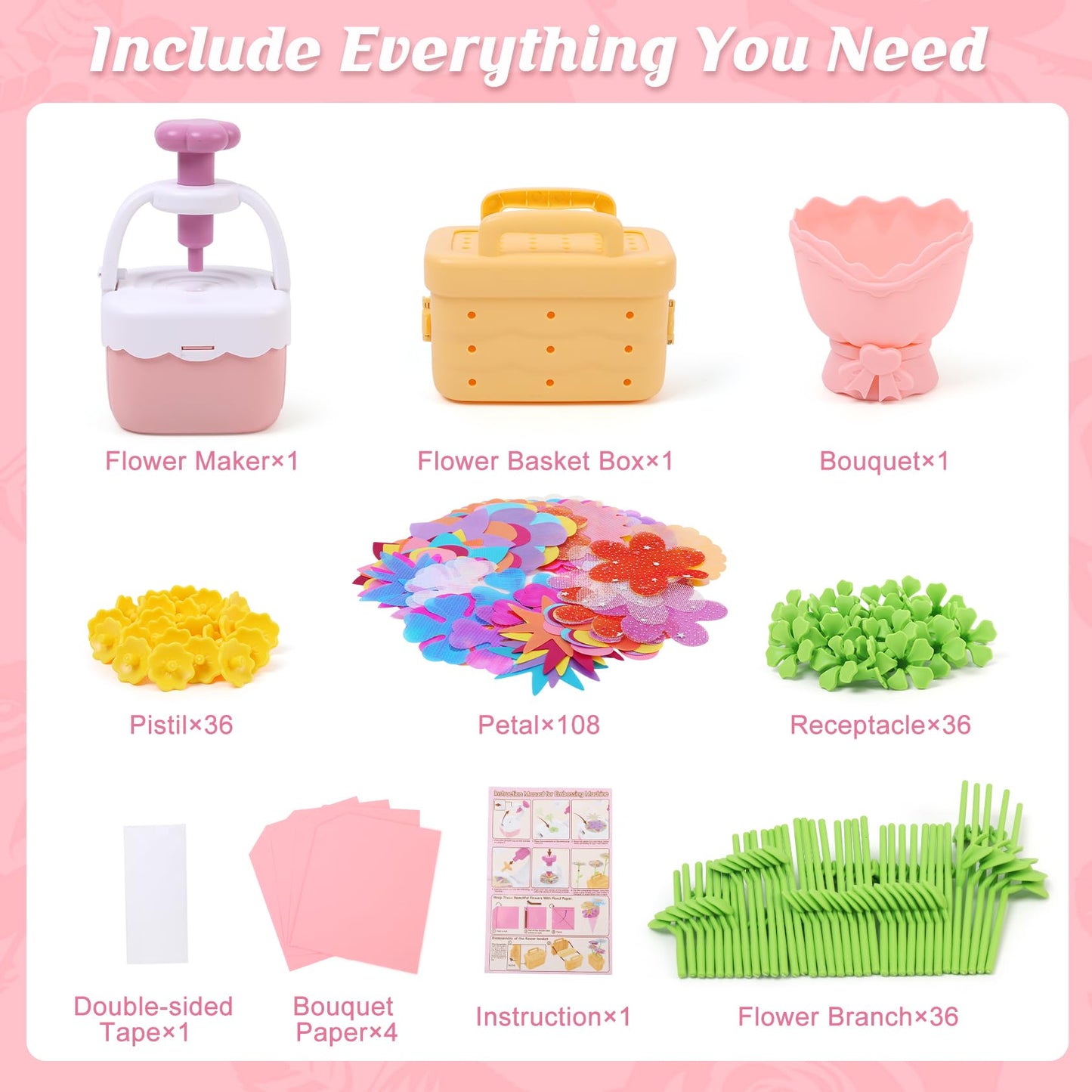IQKidz Flower Bouquets Toy for Girls, DIY Arts and Crafts Kits for Kids Ages 4-6 6-8, STEM Flower Making Set with Storage Box & Basket, Birthday Gift for Age 5-7 8-10 Years Old