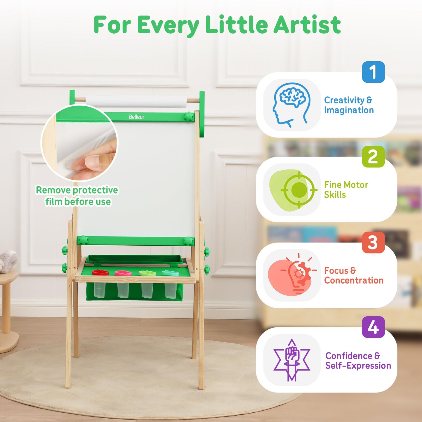 Belleur All-in-One Art Easel for Kids, Adjustable Double Sided Easel for Toddlers with Magnetic Whiteboard & Dry-Erase Chalk Board & Paper Roll, Child Painting Easel for Kid 2-8 Birthday Gift-Green