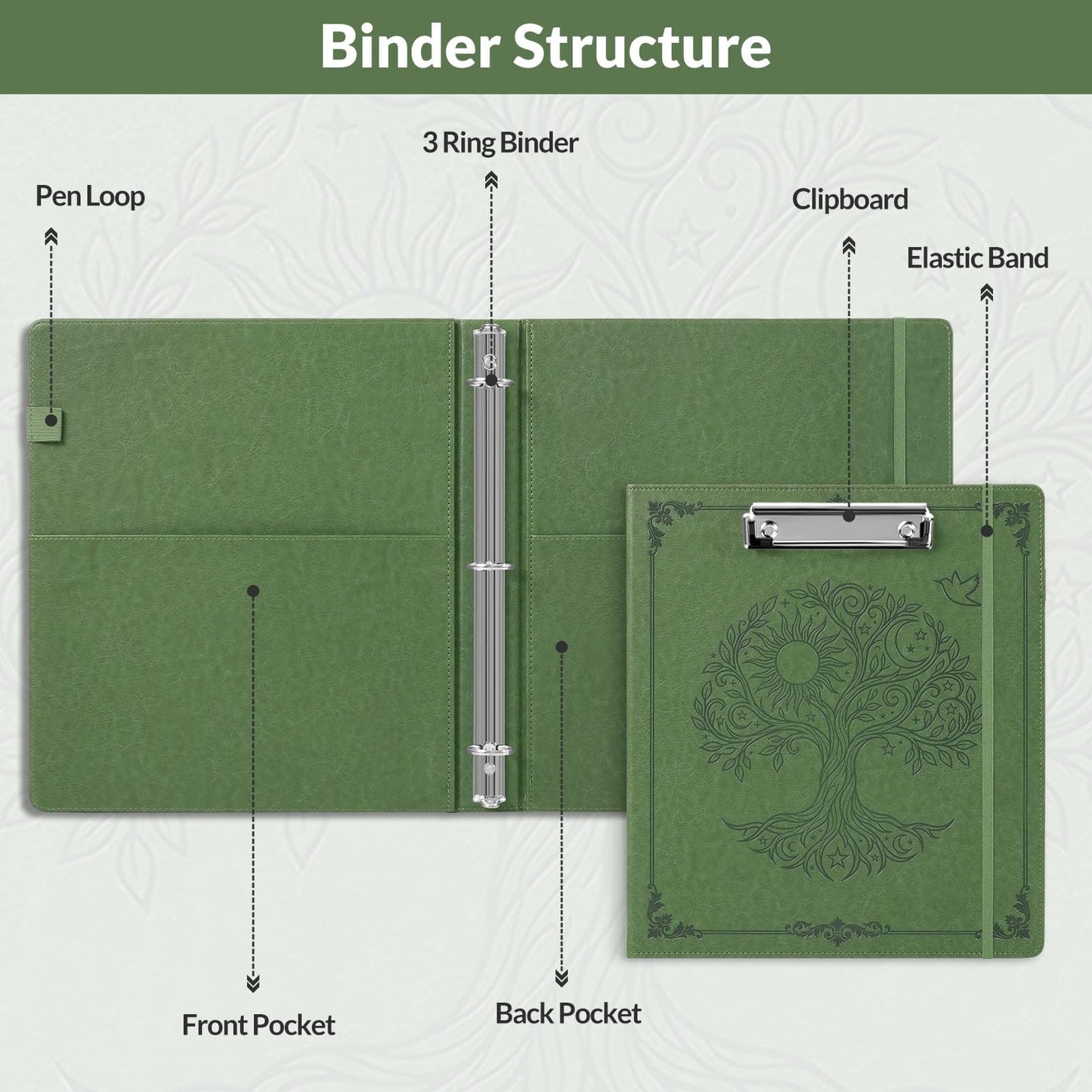 SKYDUE 1 Inch 3-Ring Binder with Clipboard, PU Binder with 5 Dividers, Notepad, Stickers & Pockets for Work and School - Aesthetic Binder (Letter Size)