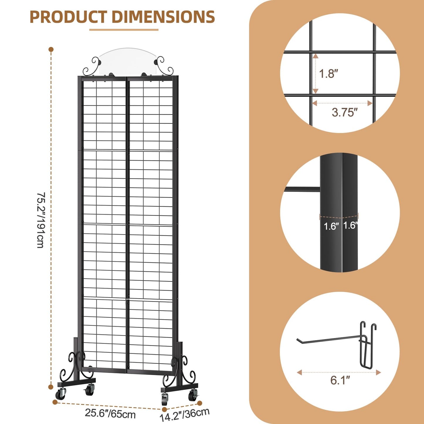 Urban Deco 2 Packs Grid Wall Panel Display Stand, 2.2' x 6.2' FT Gridwall Panel with Extra 16 Hooks, Craft Show Display Rack Black Metal Grids Standing Wire Rack for Retail Merchandise