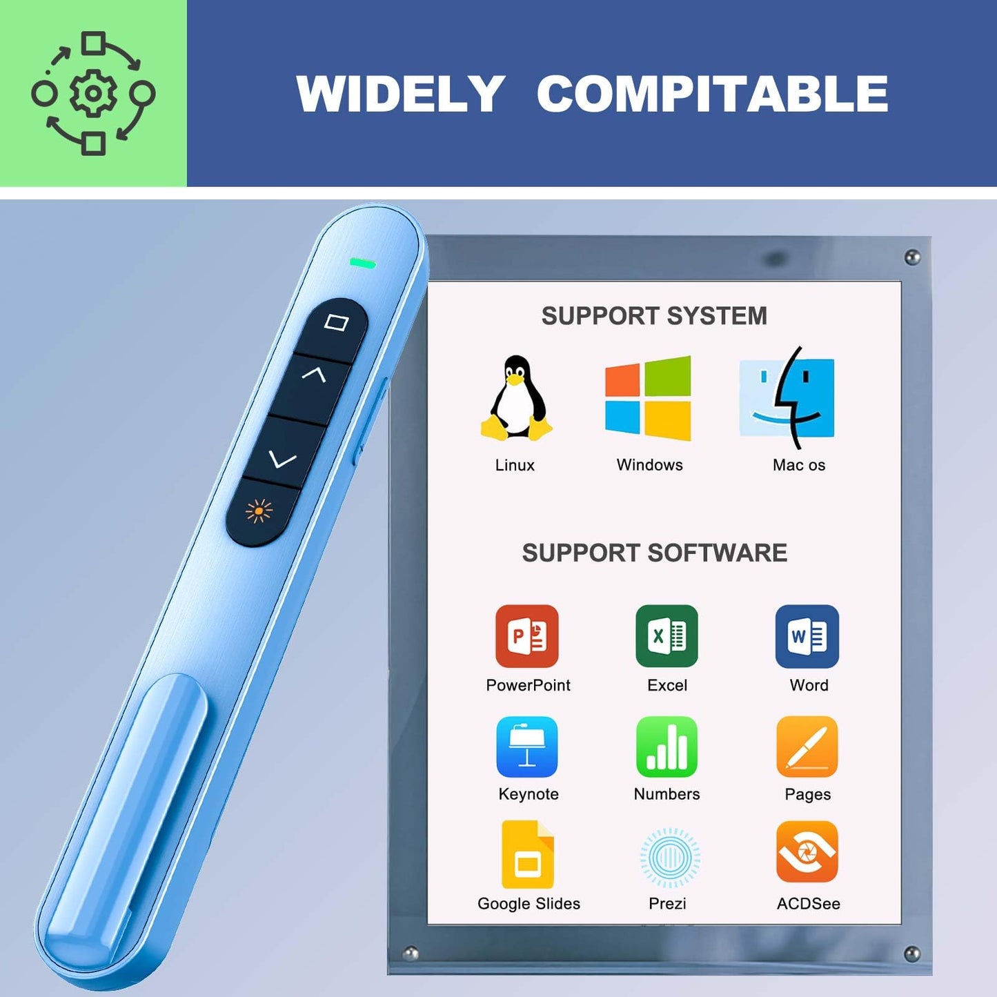 QUI 2 Pack Presentation Clicker, Hyperlink Volume Control Wireless Presenter, RF 2.4GHz USB Presentation Remote Control,PowerPoint Clicker Slide Advancer for Computer, Laptop, Mac (USB, Blue)