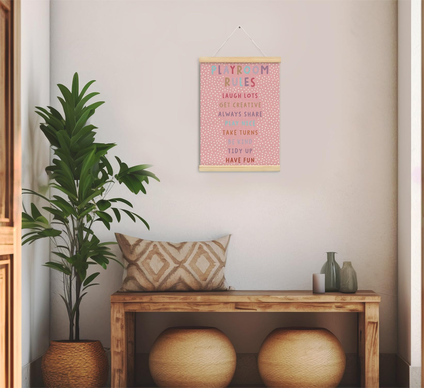 Playroom Kids Tollder Room Wall Decor, Play Room Rules Wall Decor for Kids Play Game Room Bedroom Nursery Home School Playroom Essentials, Canvas Hanging Banner Wood Poster Frameds(pink)