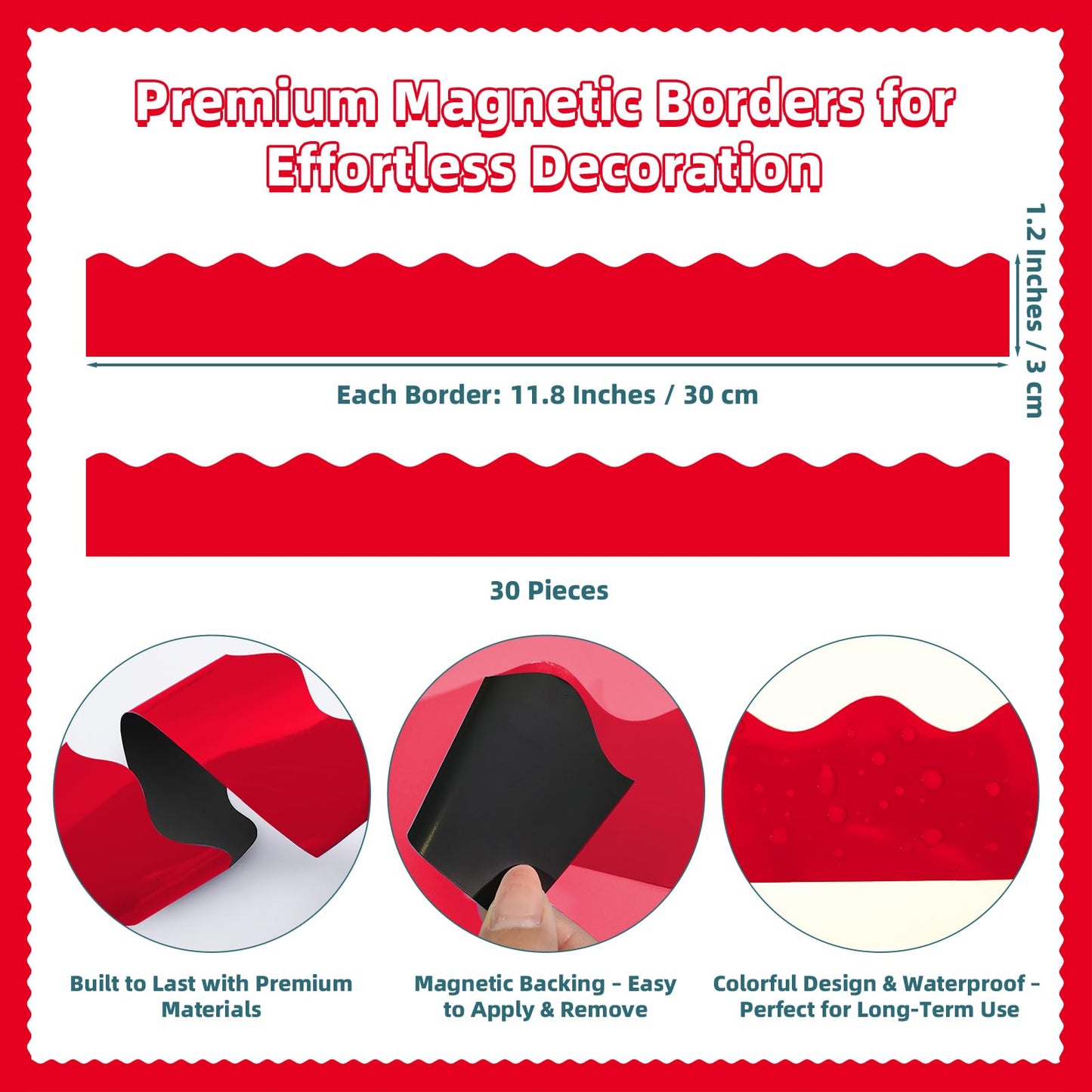 30 Pcs Magnetic Borders for Classroom Whiteboard - Red Magnetic Bulletin Board Border Set - Scalloped Chalkboard Border Strips for Teachers, Parents, DIY Home,School & Office Decoration