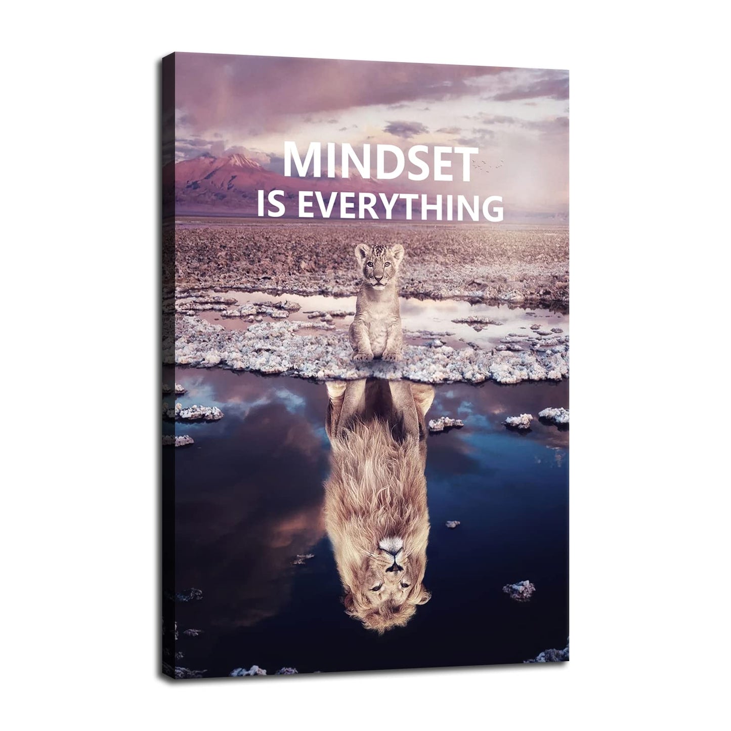 Motivational Canvas Painting Animal Poster Little Lion and Big Lion Mindset is Everything Wall Art Printing Office Decoration Frame[12''W X 18''H]