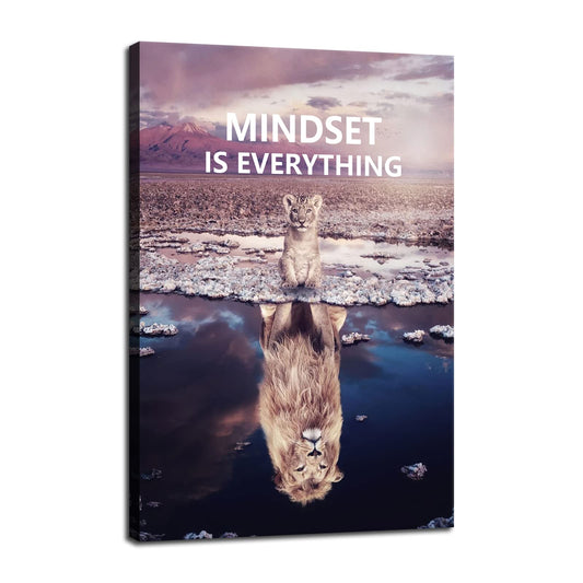 Motivational Canvas Painting Animal Poster Little Lion and Big Lion Mindset is Everything Wall Art Printing Office Decoration Frame[12''W X 18''H]