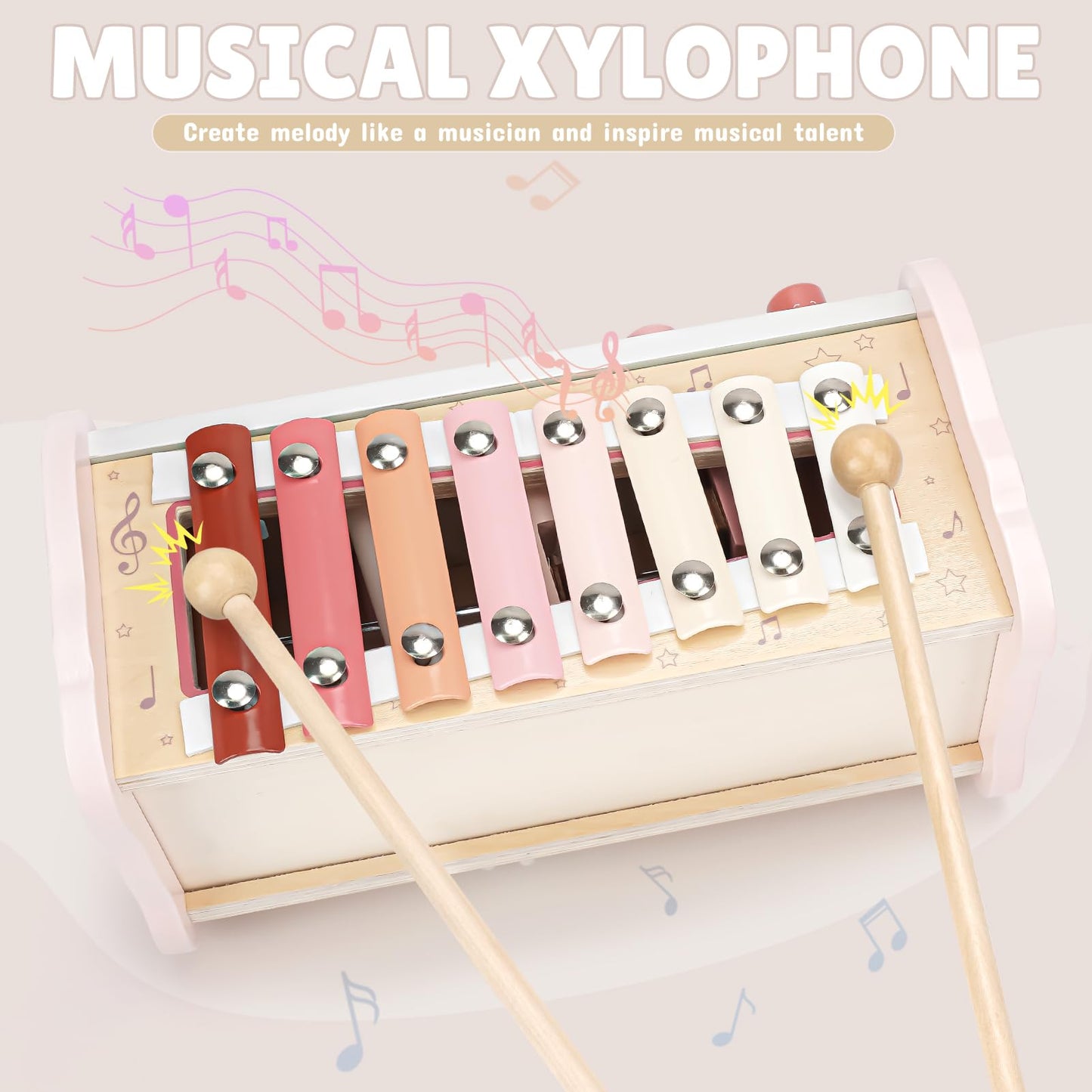 Joyreal Montessori Toys for 1 Year Old Girl Gift - Pink Wooden Hammering Pounding Toy with Xylophone & Fishing Game - Toddler Learning Activities for Kids 1+ 2 3 Year Old Christmas Birthday Gifts