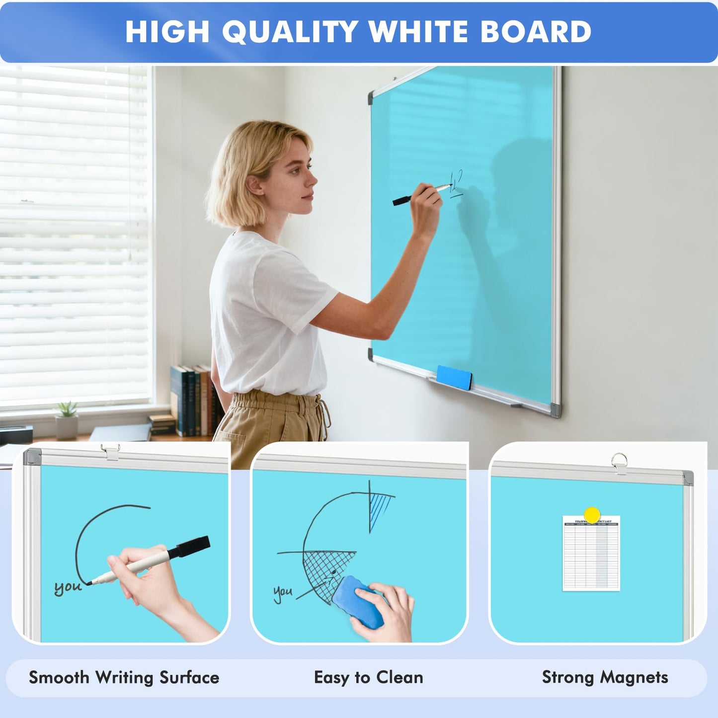 WALGLASS Magnetic Whiteboard 24"x18" Dry Erase White Board for Walls with Pen Tray, Aluminium Frame and Dry-Wipe Writing Surface for School, Home, and Office (Blue)
