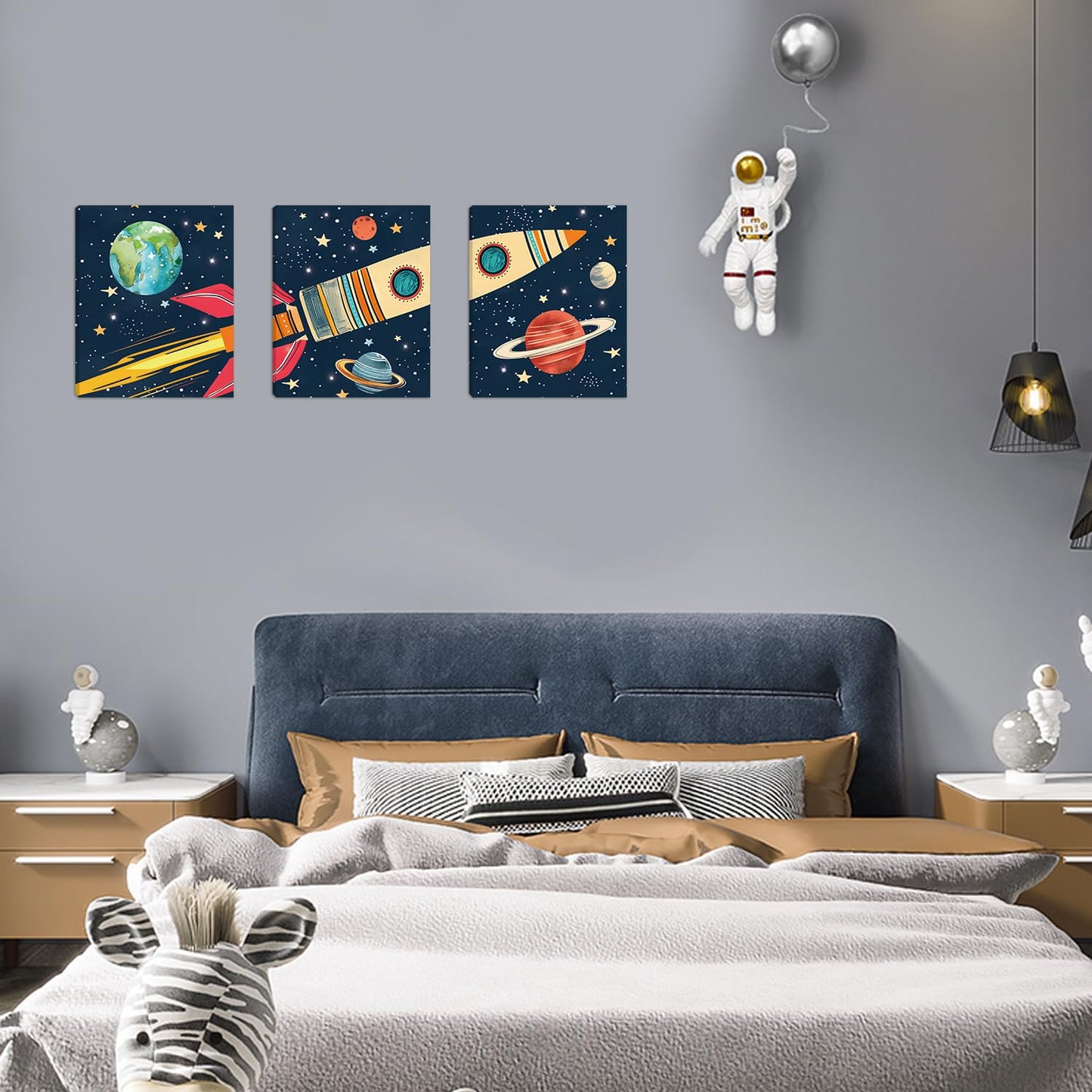 KAIRNE Rocket Outer Space Decor,Solar System Wall Art,The Planets Hanging Decor,Rocket Artwork Paintings out of space decor for Boys Bedroom Toddler Kids Room Classroom Decoration
