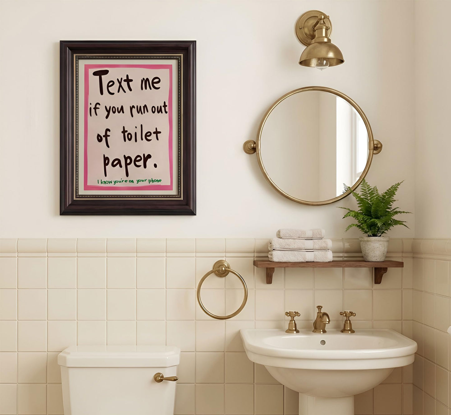 Dark Brown Framed Funny Bathroom Quotations Canvas Wall Art Message Me If You'Re Out Of Toilet Paper Wall Decor Picture Pink Humor Bathroom Poster Print for Toilets And Restrooms. Prepare To Hang