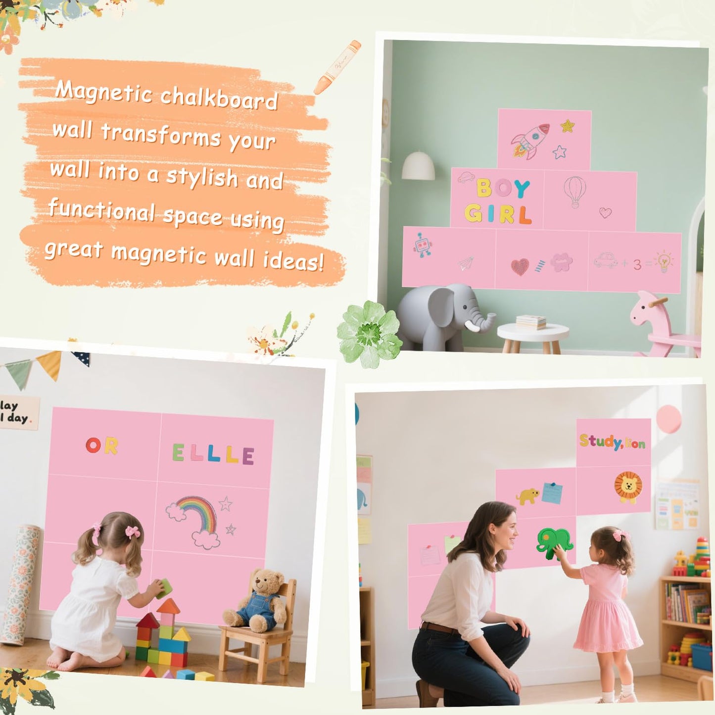 OMKSIH Magnetic Chalkboard Wall Decal Pink Set of 6 Peel and Stick Magnet Sheets with Chalk Tangram Puzzle and Multiple Accessories Magnetic Chalk Boardfor Home Playroom and Classroom