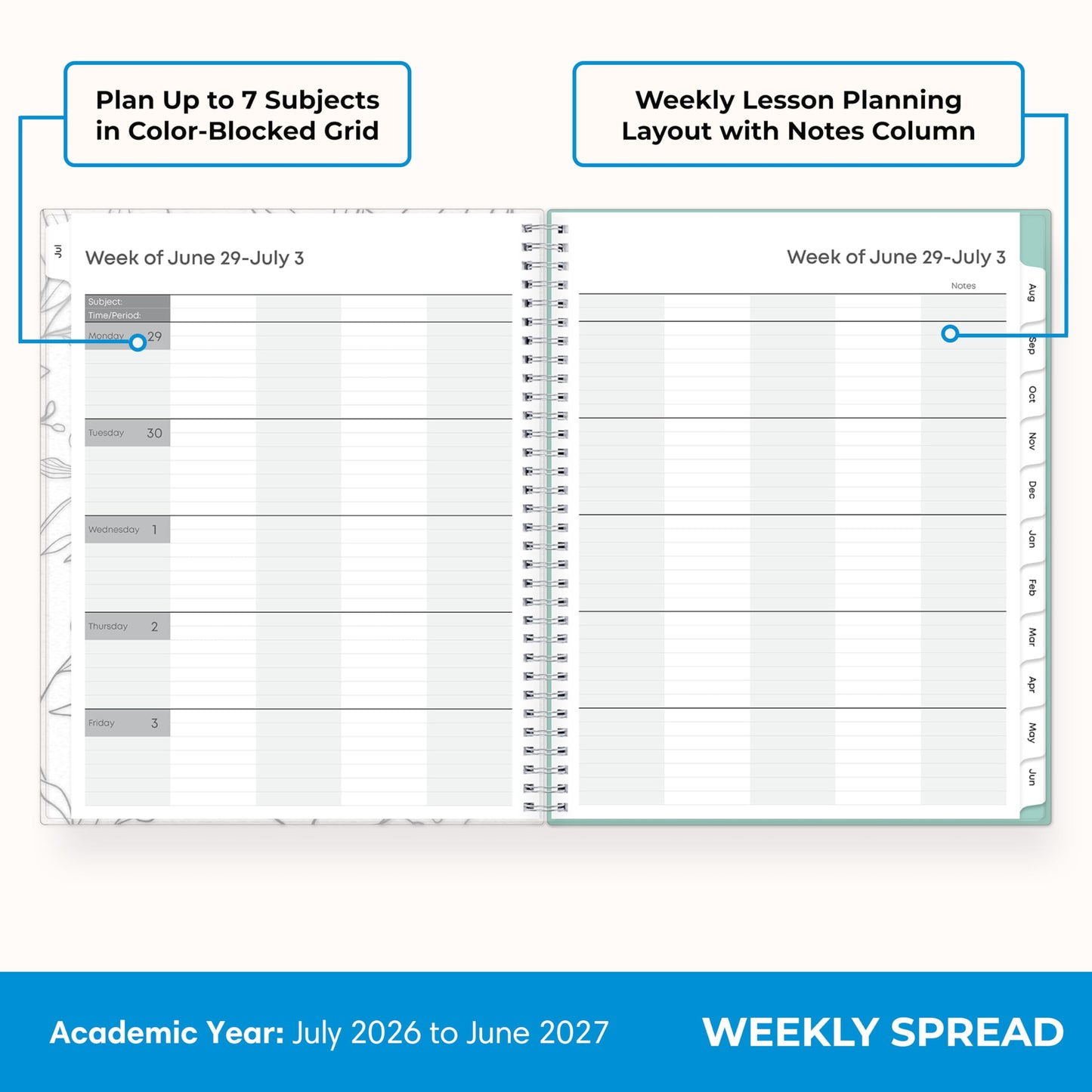 Blue Sky 2026-2027 Weekly and Monthly Academic Year Teacher Lesson Planner Calendar, July 2026 - June 2027, 8.5" x 11", Flexible Cover, Wirebound, Laminated Tabs, Storage Pocket, Prairie Aqua