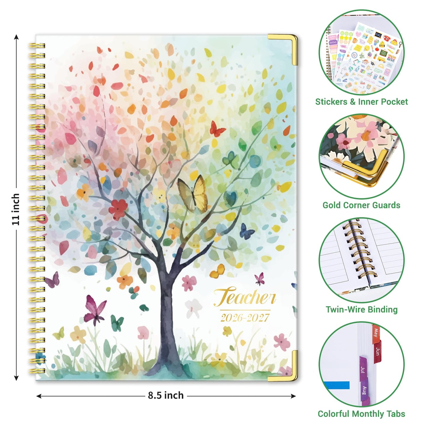 Teacher Planner 2026-2027 Academic Year, Jul.2026 - Jun.2027, 8.5" x 11" Lesson Planner Book for Teachers, Teacher Planners with Colorful Monthly Tabs for Homeschool & Classroom Organization - Tree
