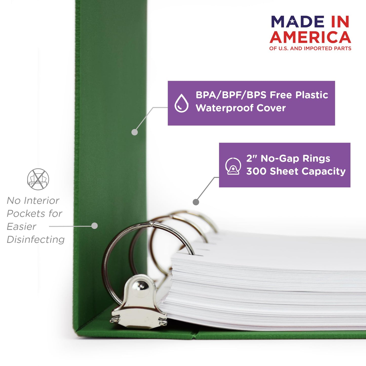 Carstens 2-Inch Heavy Duty 3-Ring Binder - Side Opening, Leaf Green, Durable Plastic, Precision No-Gap Rings, Waterproof Covers, No Pockets, Holds 300 US Letter Sheets, BPA-Free, Made in USA (2844-3R)