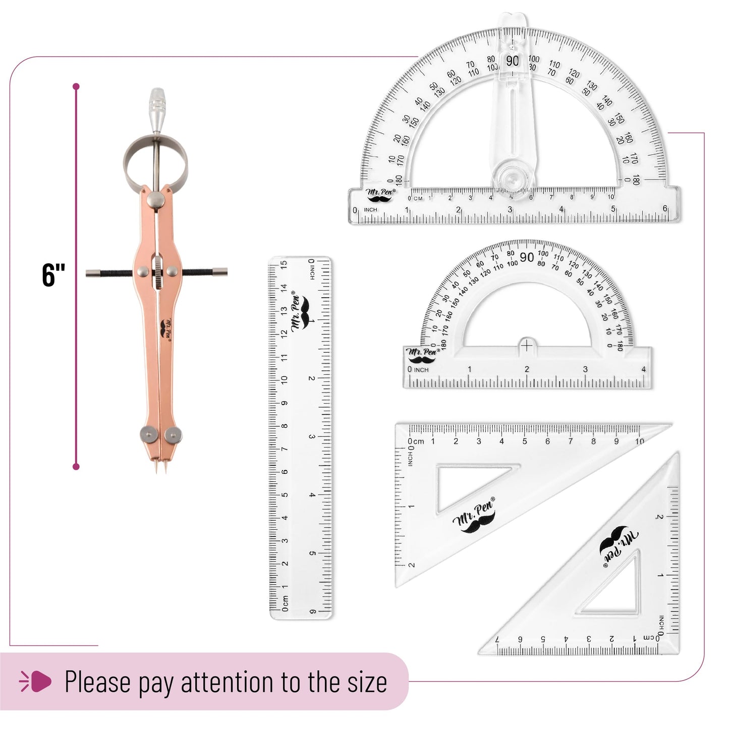 Mr. Pen- Geometry Set, 15 pcs, Rose Gold & Pink, 6 Inch Swing Arm Protractor, Divider, Set Squares, Ruler, Compasses and Protractor
