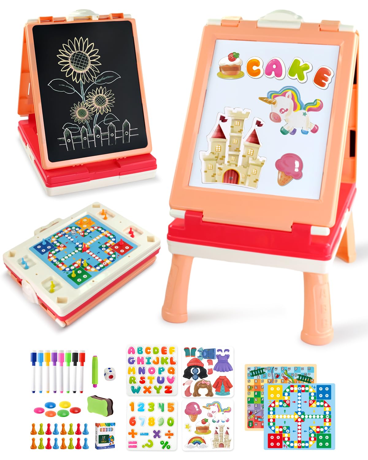 Elovien Foldable Art Easel for Kids, Double Sided with Chalkboard & Magnetic Dry Erase Board, Height Adjustable Desktop Easel, Educational Gift for Girls (Pink)