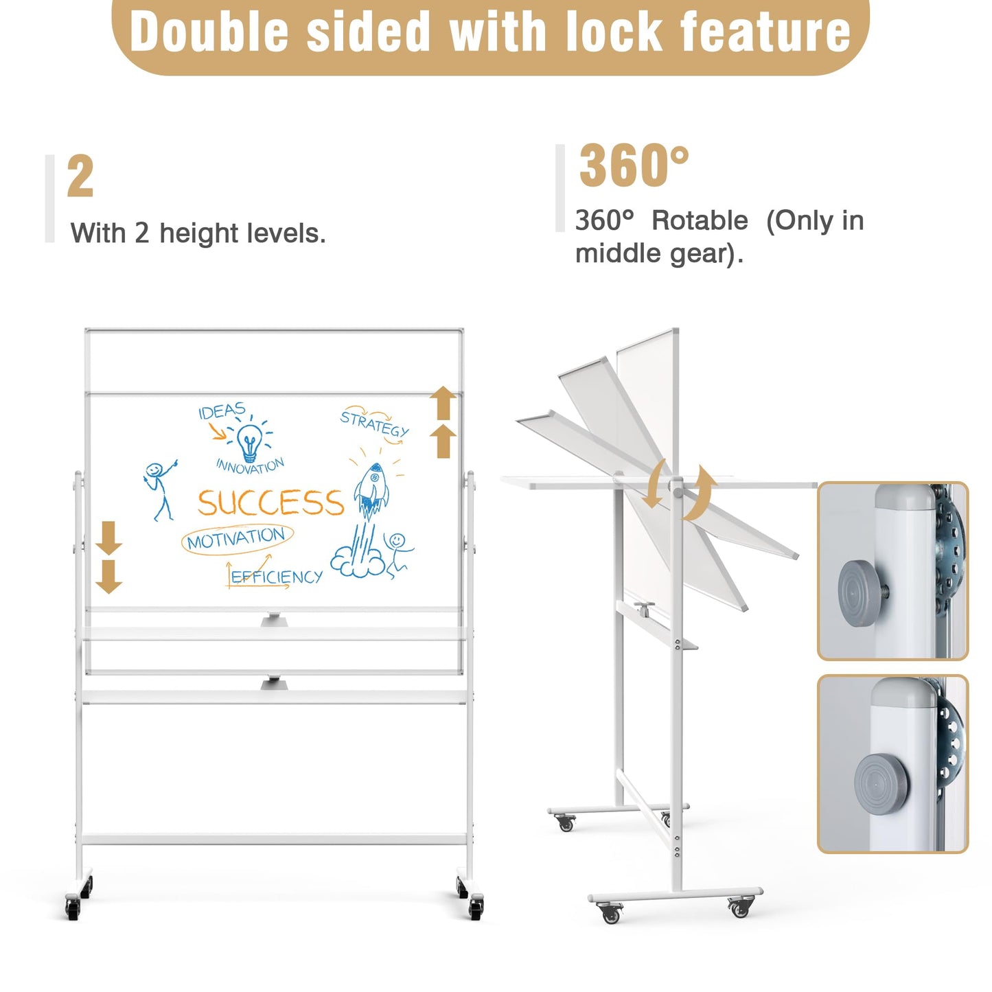 Rolling Whiteboard/w Height Adjustable, Mifuro 24 X 36 Large Portable Dry Erase Board with Stand and Wheels for Office,Classroom &School, White