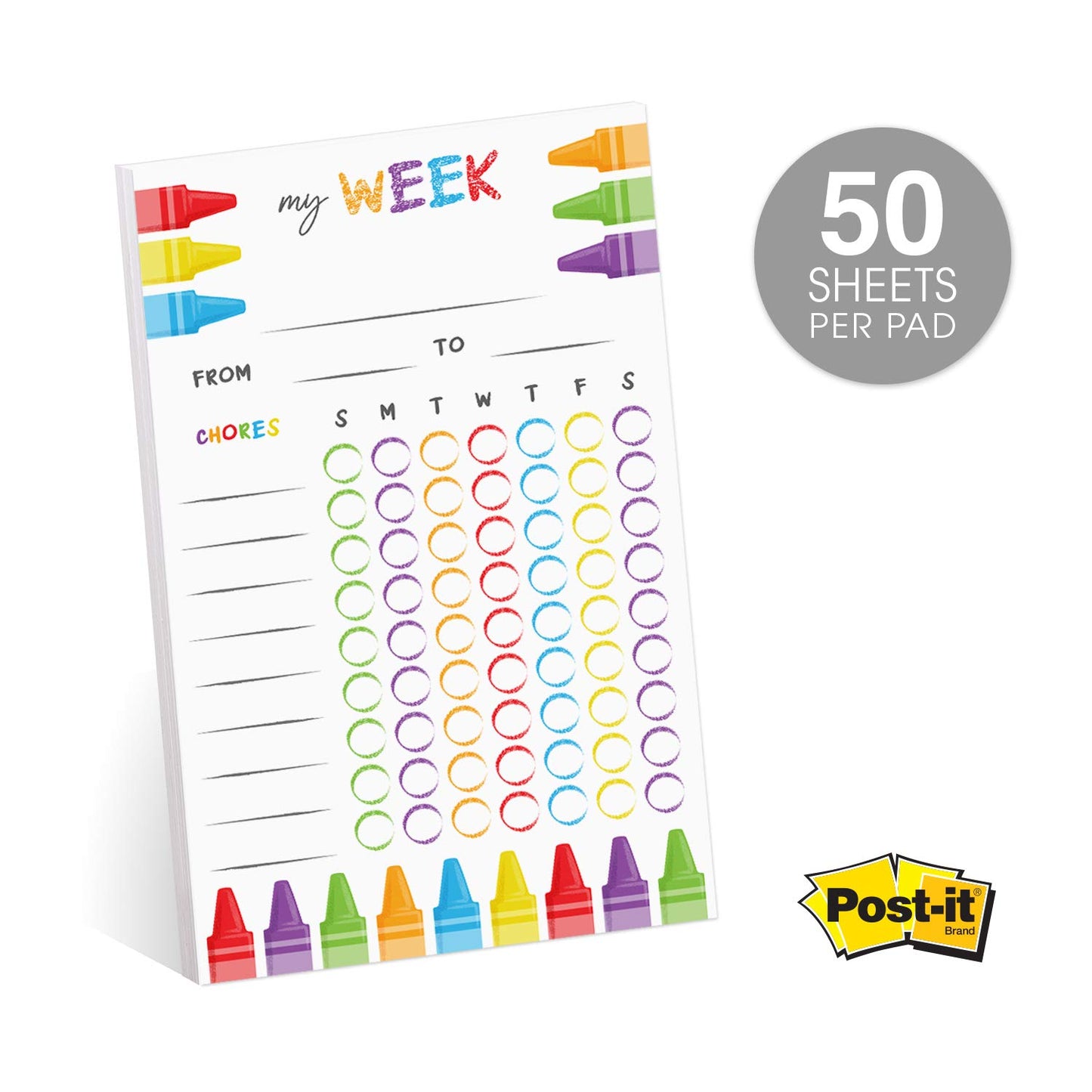 Cheerful Crayon Design Weekly Chore Chart / 6" x 10" Sticky Note Fill in Task List/Fun Week Assignment List