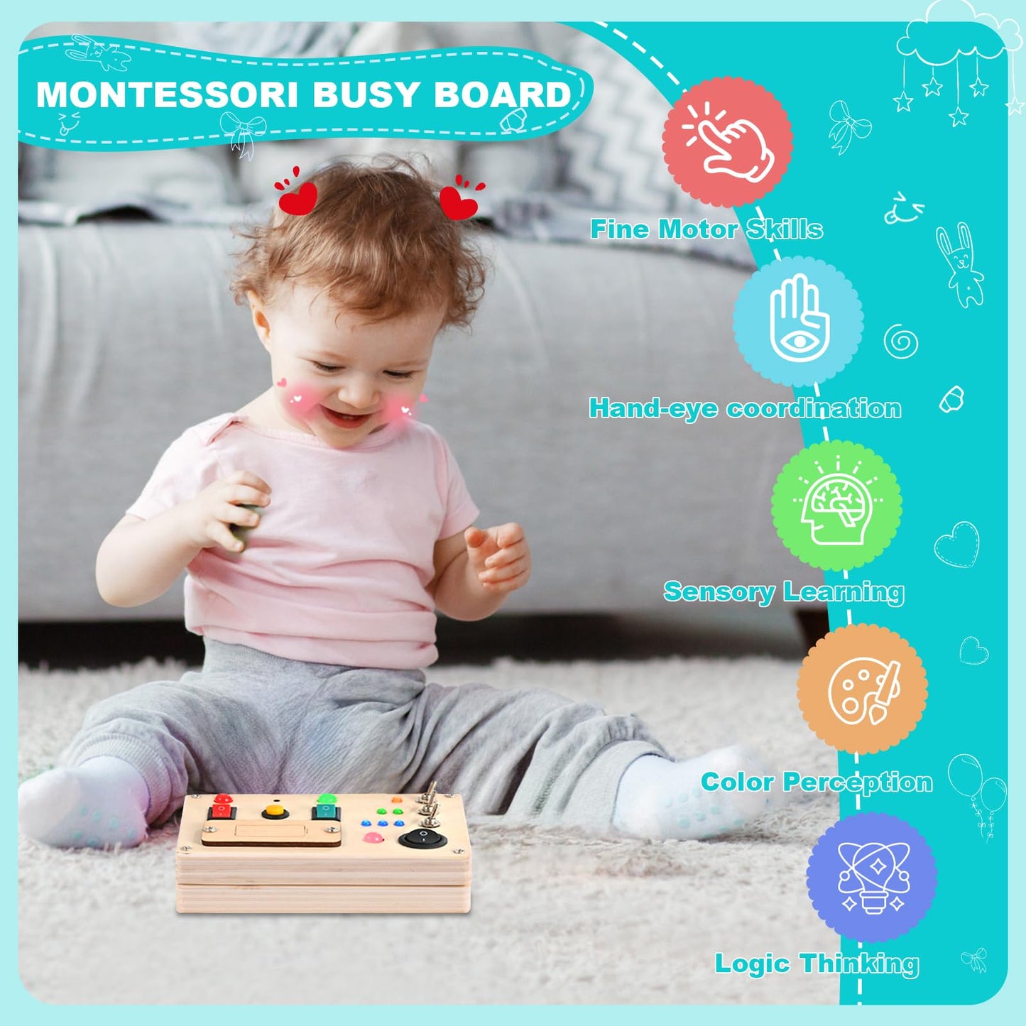 Espamig Busy Board Toddler Montessori Led Light Switch Busy Board Autism Sensory Wall Panel Fidget Board Wooden Toys for Toddlers 1-3