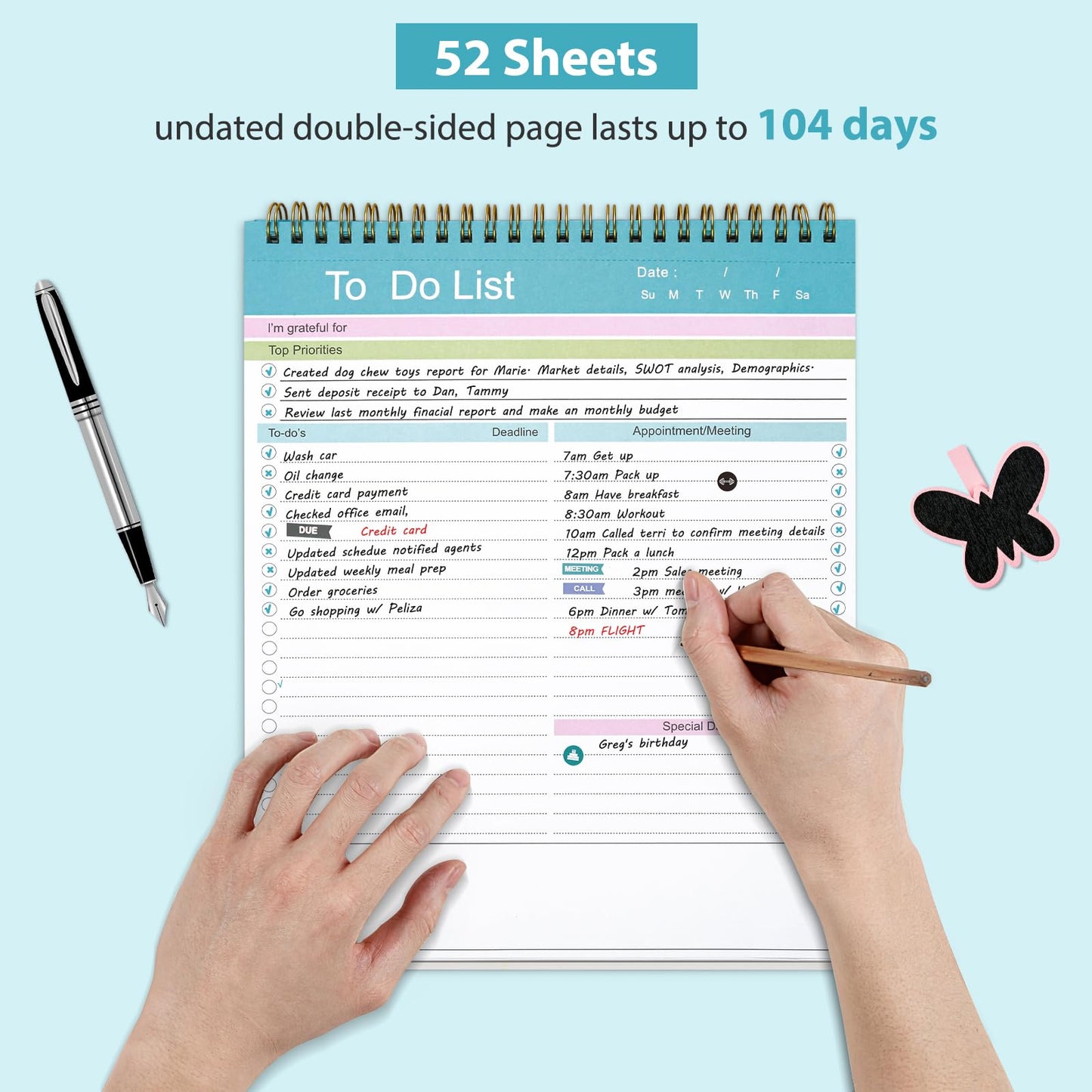 To Do List Notepad, Spiral Bound Undated Daily Planner, 52 Sheets 8.5" X 10.5" Tear Off Task Planning Pad with Checklist, For Work Office Home (Pack of 2)
