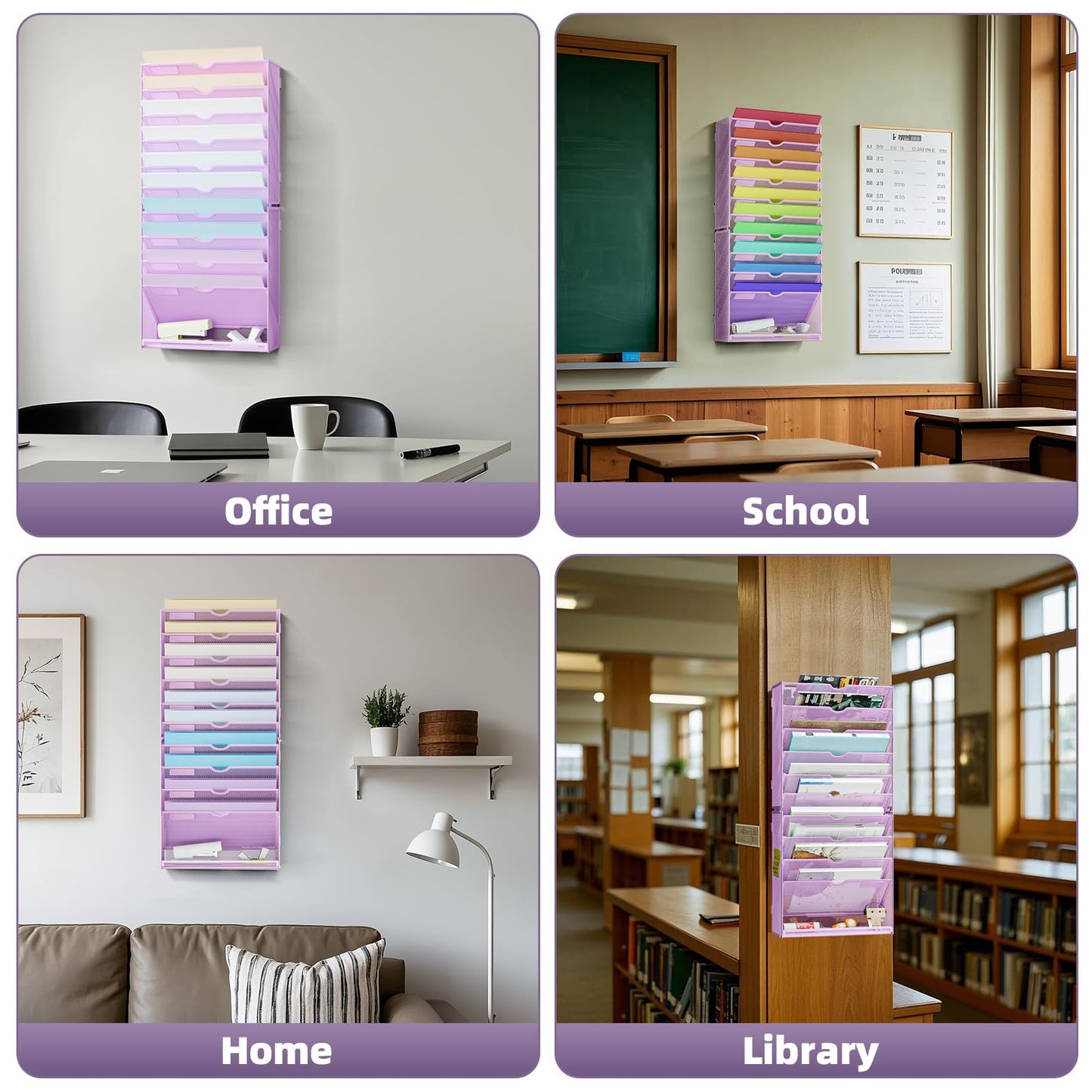 Marbrasse Wall File Holder 11-Tier Hanging Wall File Organizer, for Papers, Files Clipboard & Magazine Organizer, Wall Mount File Holder Great for Office Home (Purple)