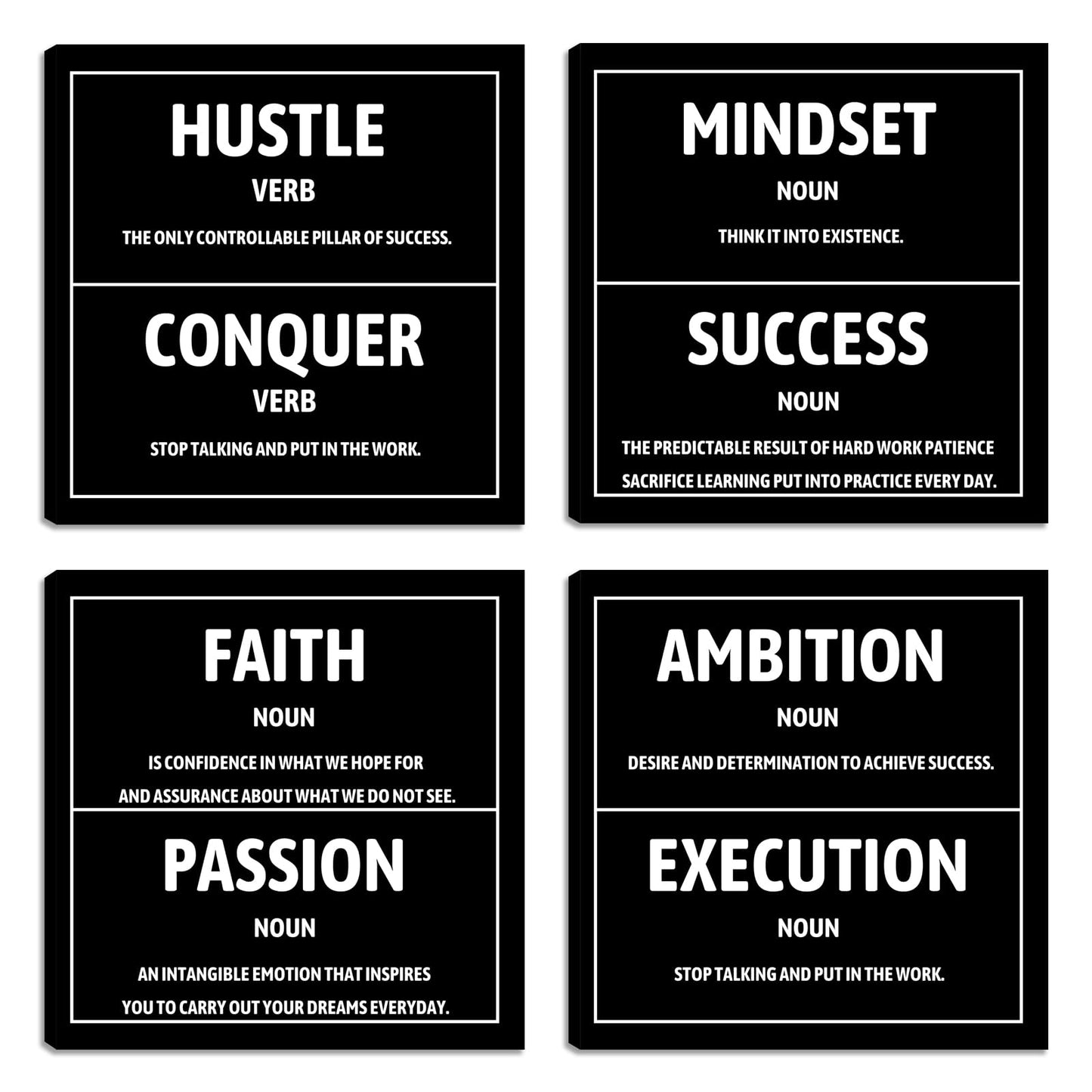 Motivational Office Wall Decor Inspirational Success Canvas Wall Art Hustle Mindset 3 Pieces Posters Prints Wall Picture Artwork Home Living Room Bedroom Framed Ready to Hang - 12"x12"x4PCS
